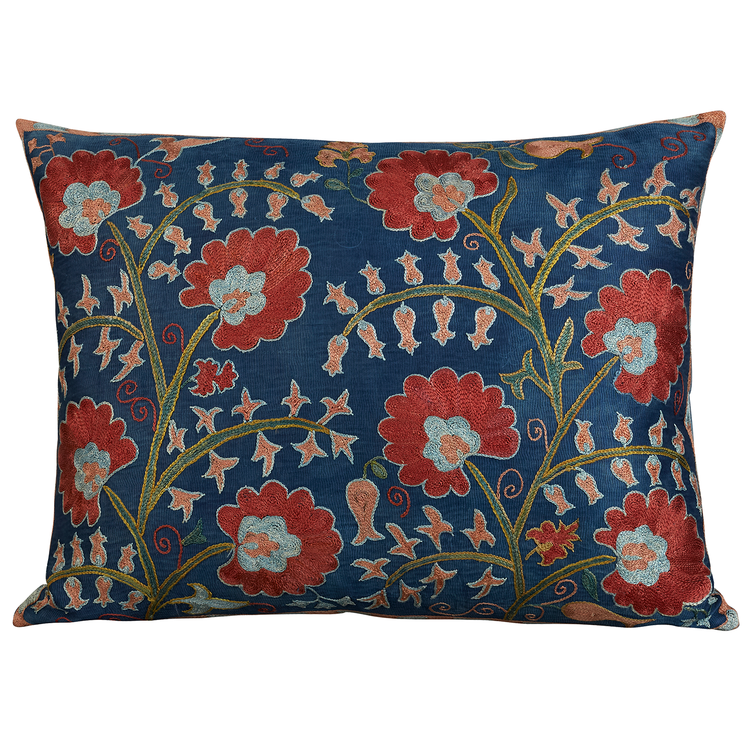 Rectangular silk suzani cushion with floral carnation design on an imperial blue background