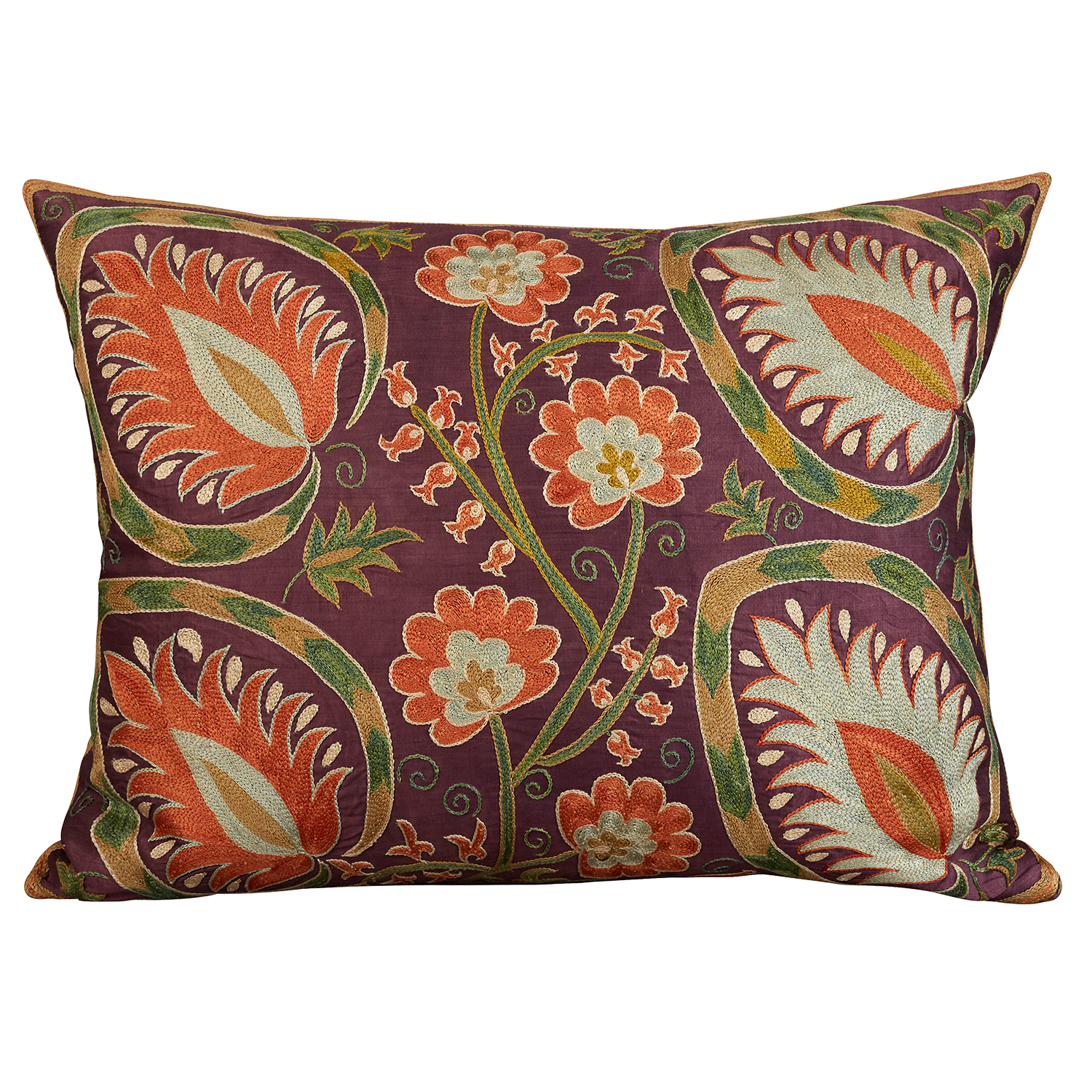 Rectangular silk suzani cushion with floral design on an aubergine silk background