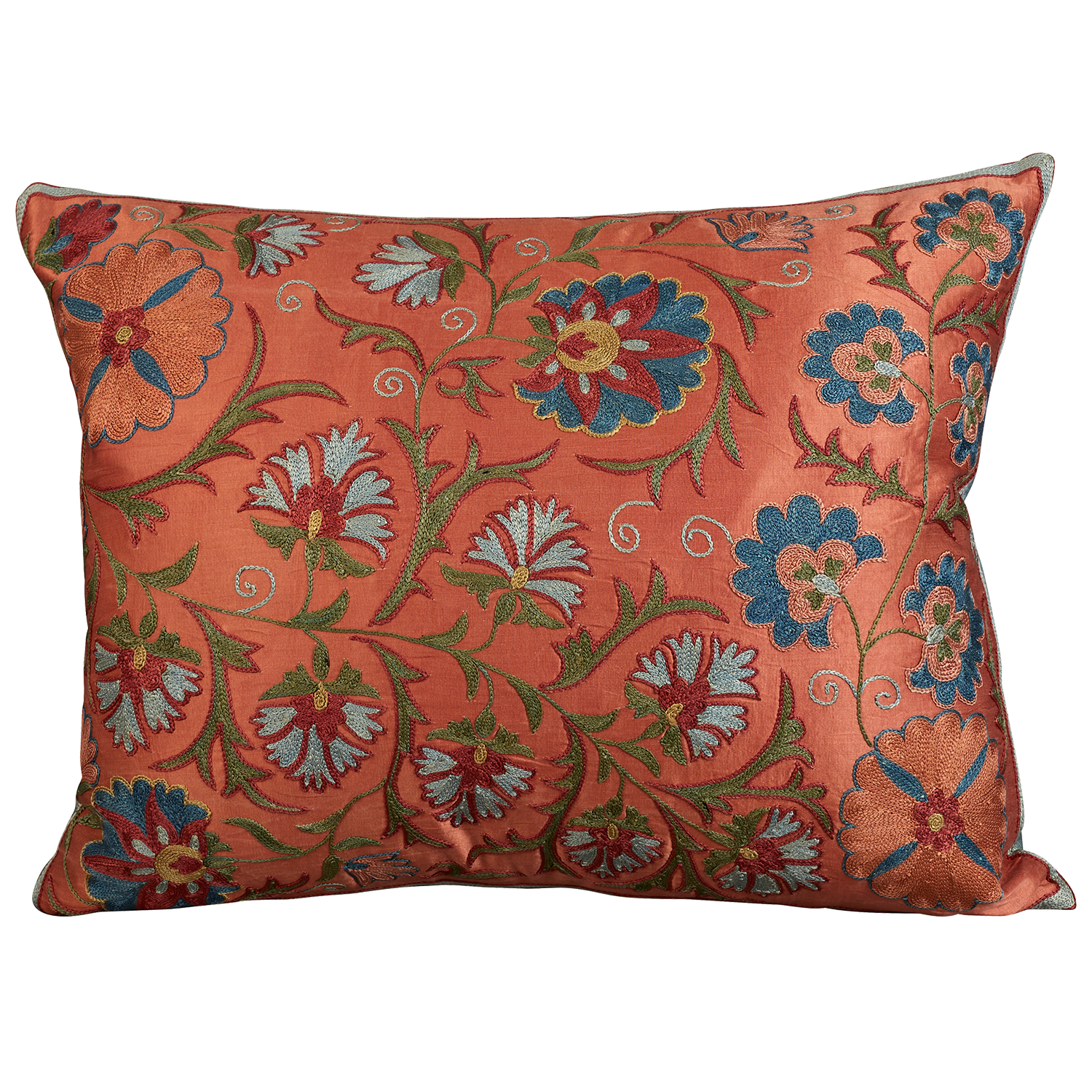 Rectangular silk suzani cushion with scrolling floral design on salmon pink silk background
