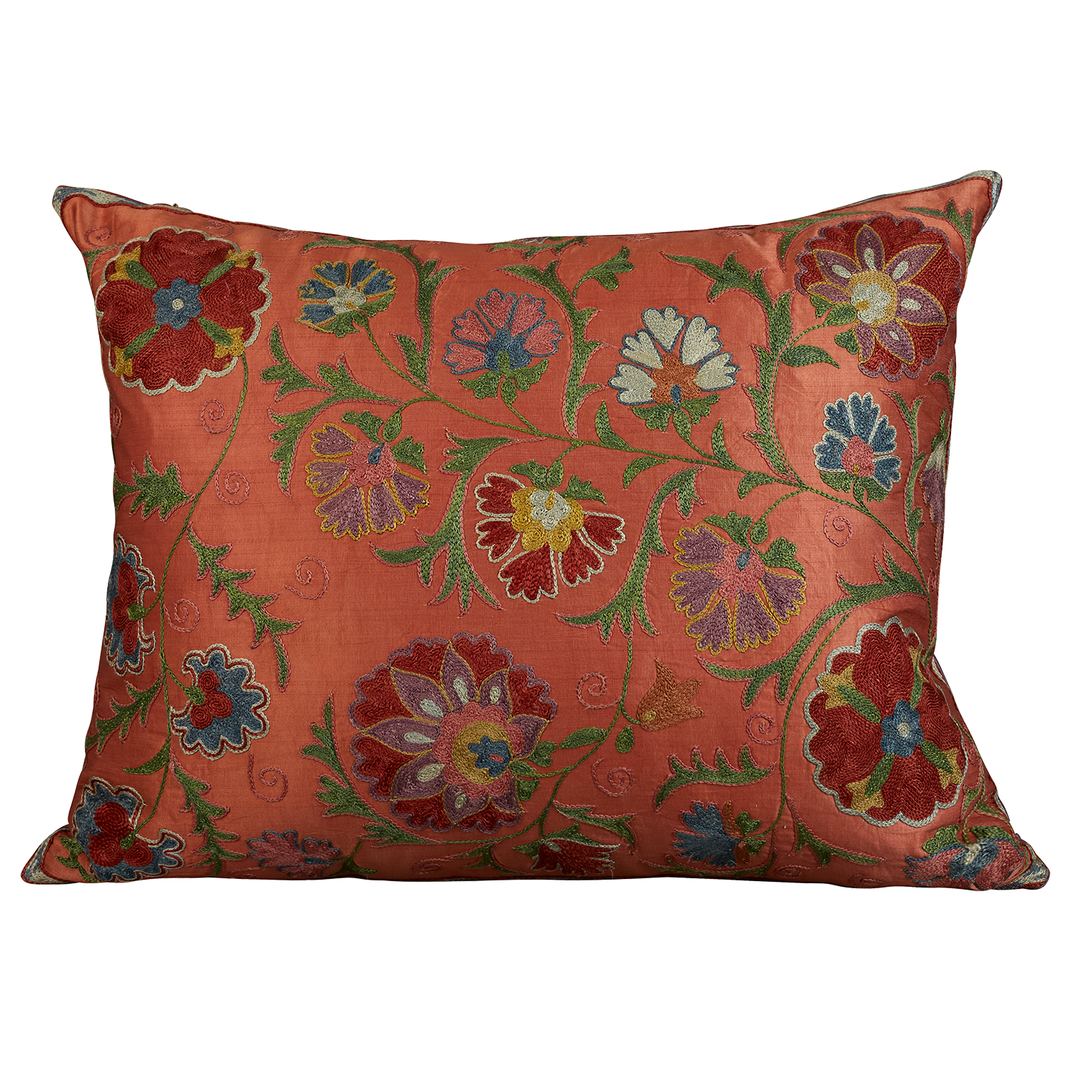 Rectangular silk suzani cushion with scrolling foliate design on salmon pink silk background