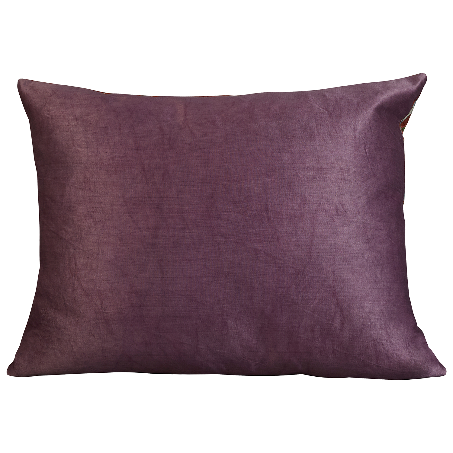 Rectangular silk suzani cushion with scrolling foliate design on salmon pink silk background
