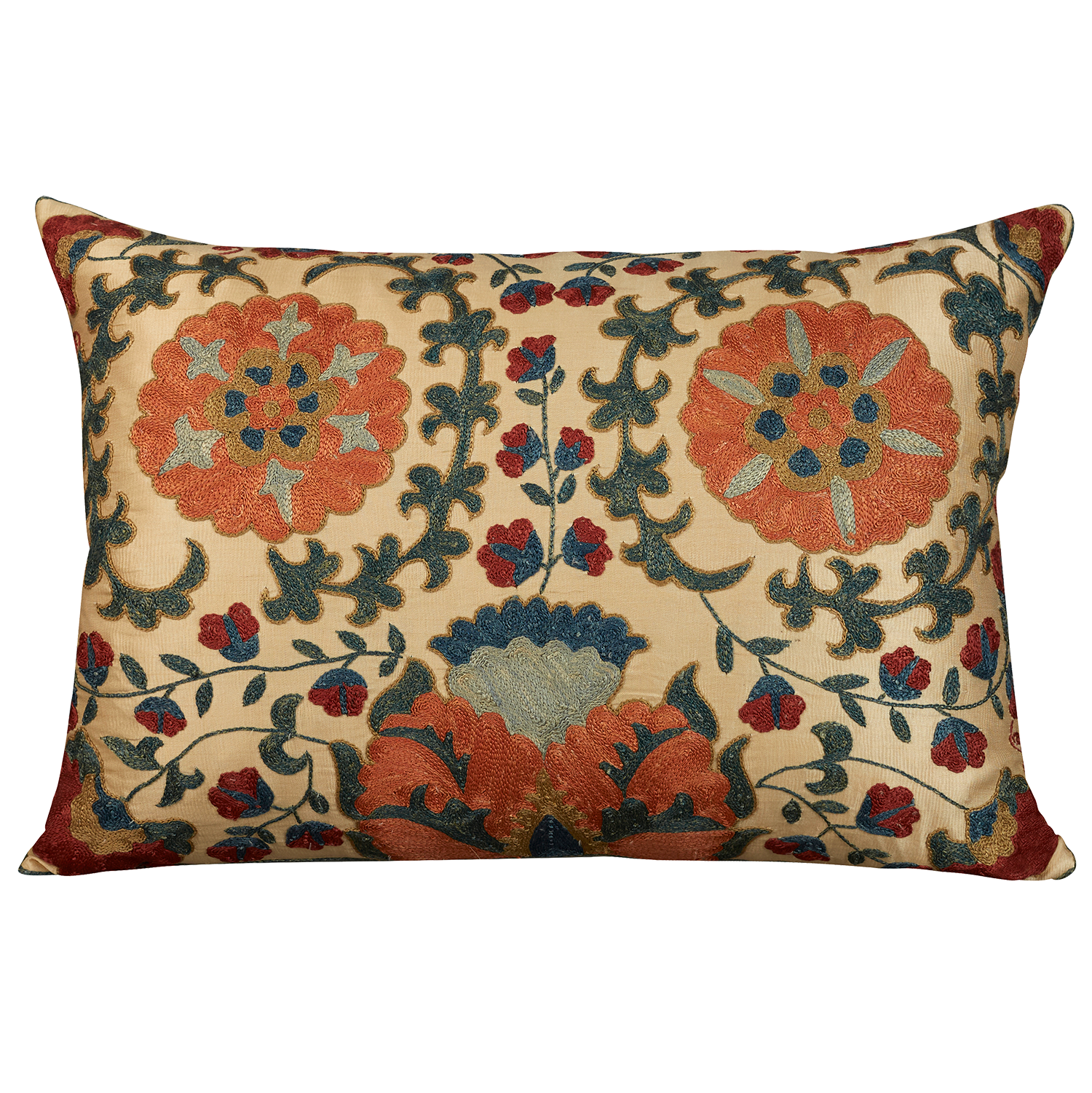 Rectangular silk suzani cushion with carnation design on cream silk background