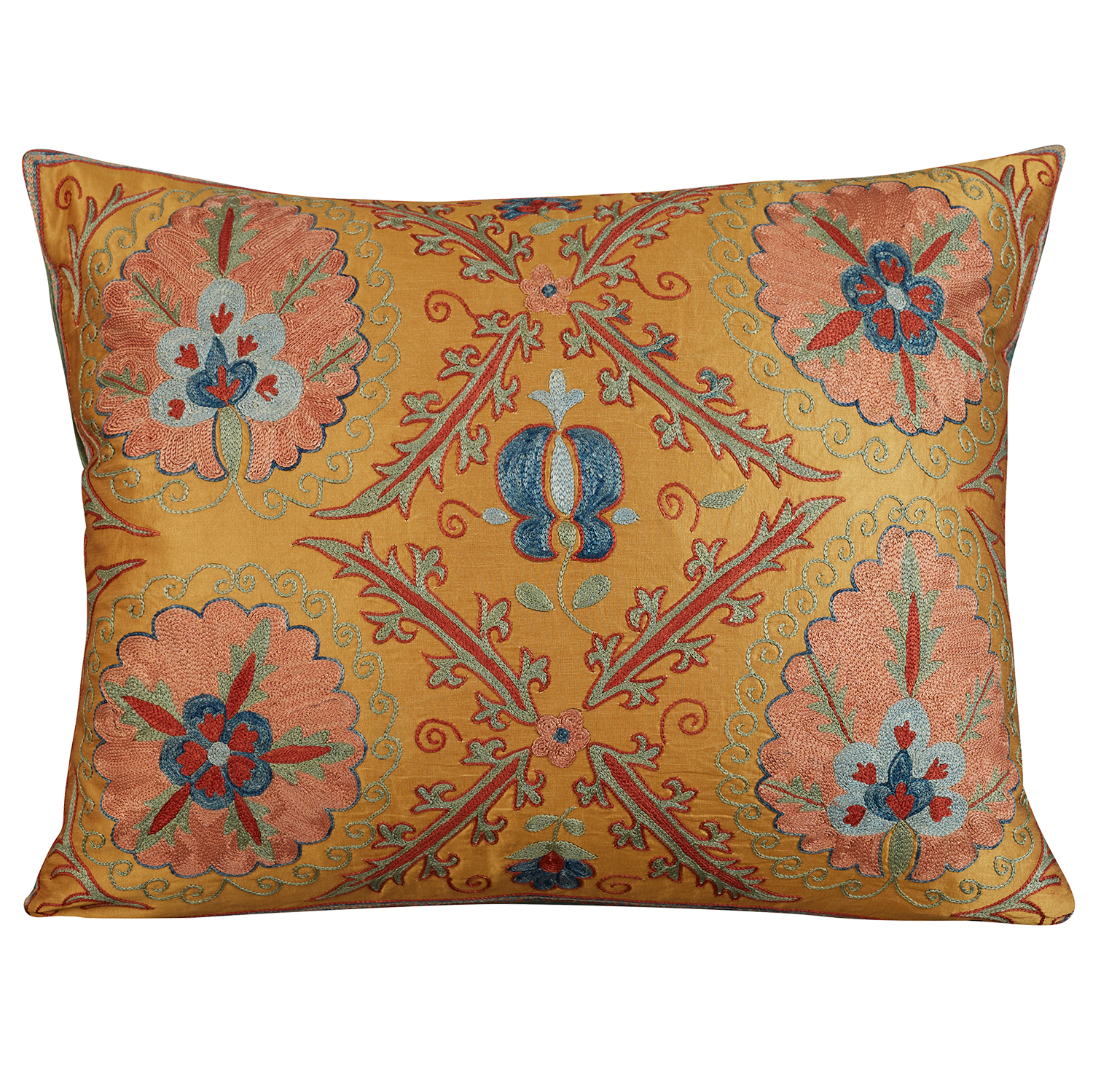 Rectangular silk suzani cushion pink floral embroidery on gold silk background