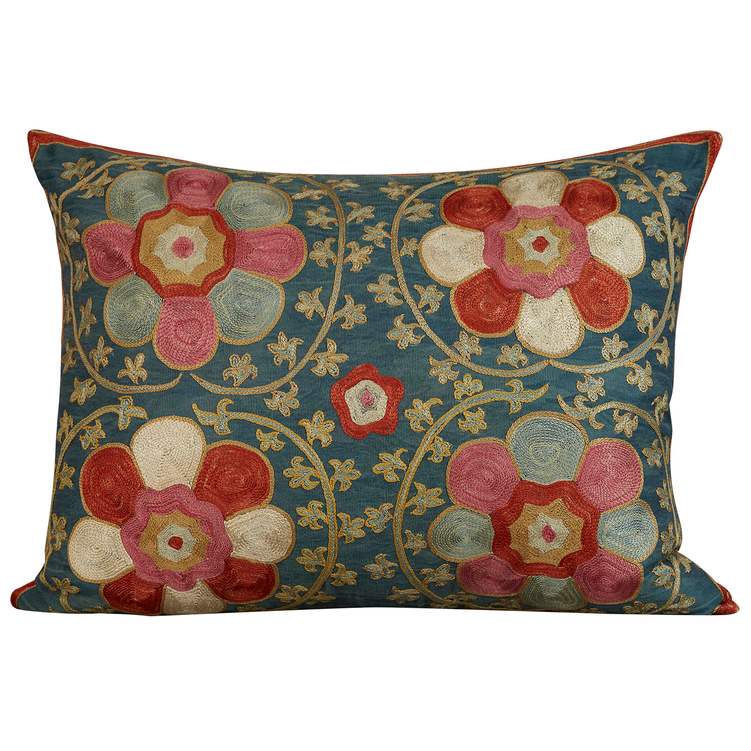 Rectangular silk suzani cushion with floral medallion design with richly embroidered rosettes