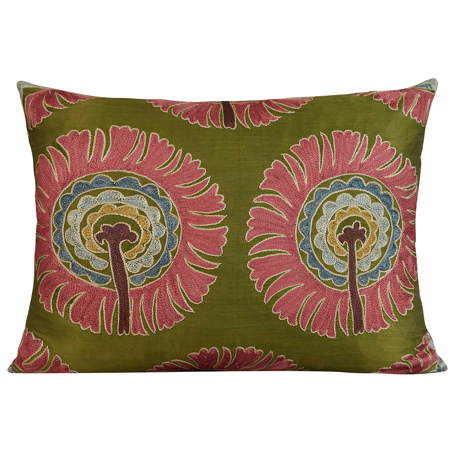 Rectangular silk suzani cushion with unusual palm tree design on green background