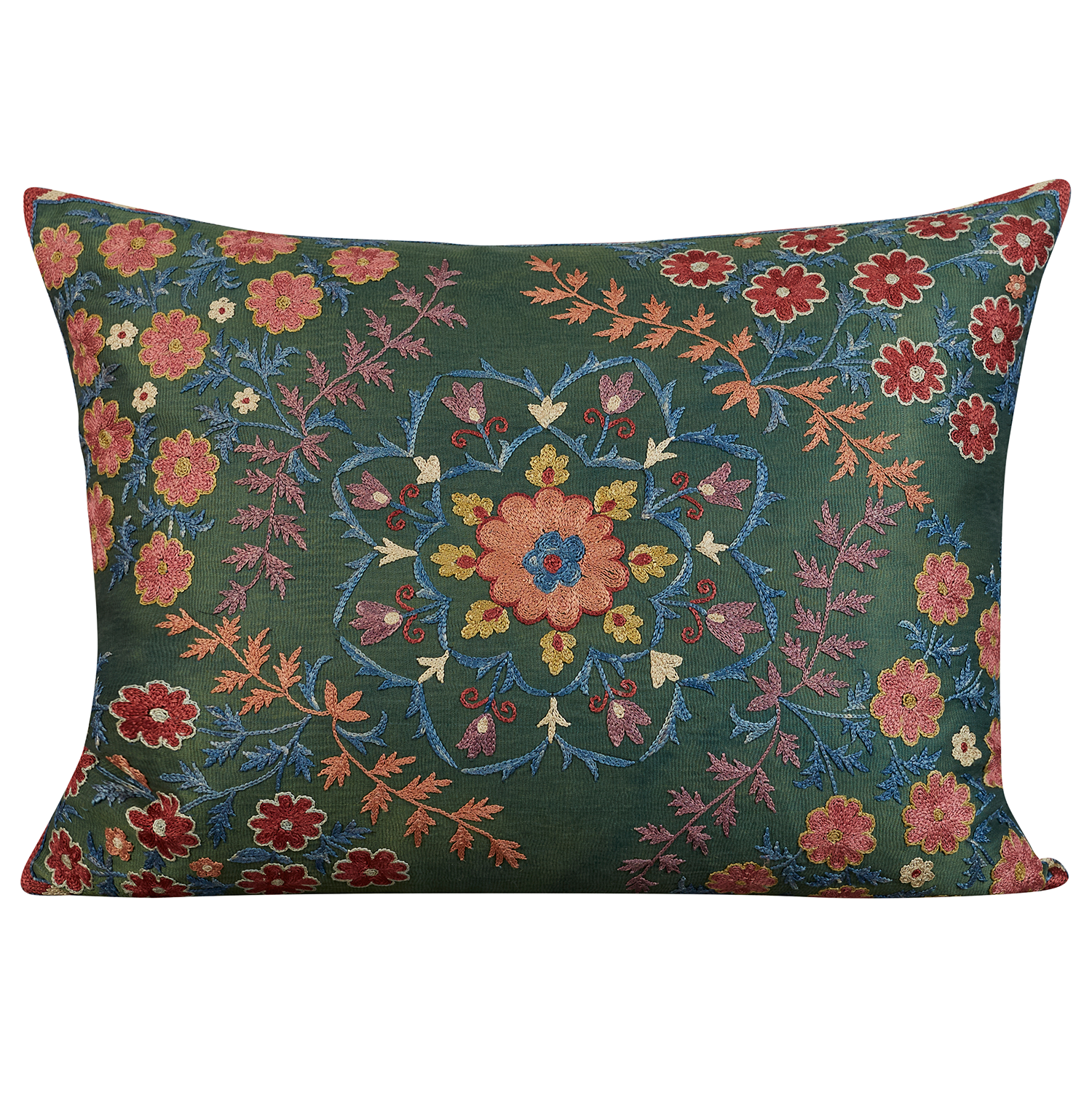 Rectangular silk suzani cushion with small petal floral design