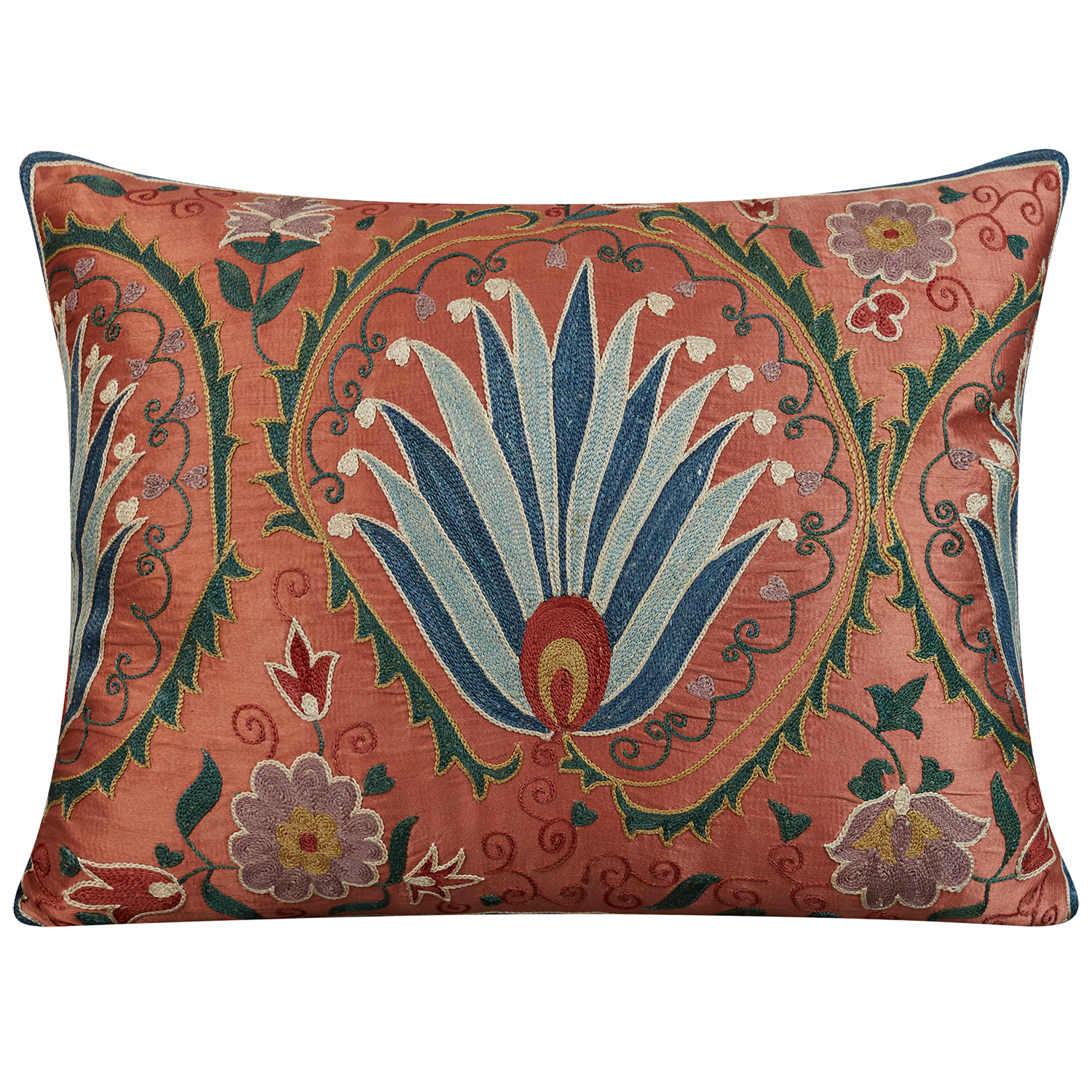 Rectangular silk suzani cushion with stylised pomegranate rosette design