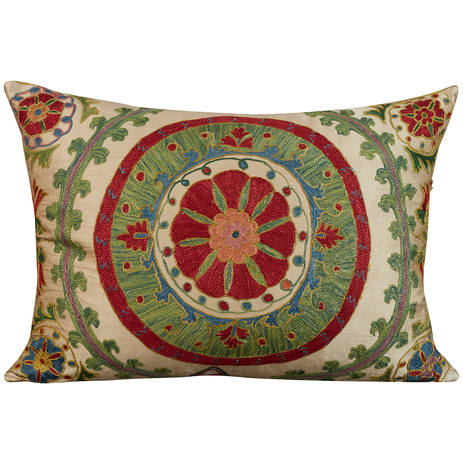 Rectangular silk suzani cushion with red and green central medallion