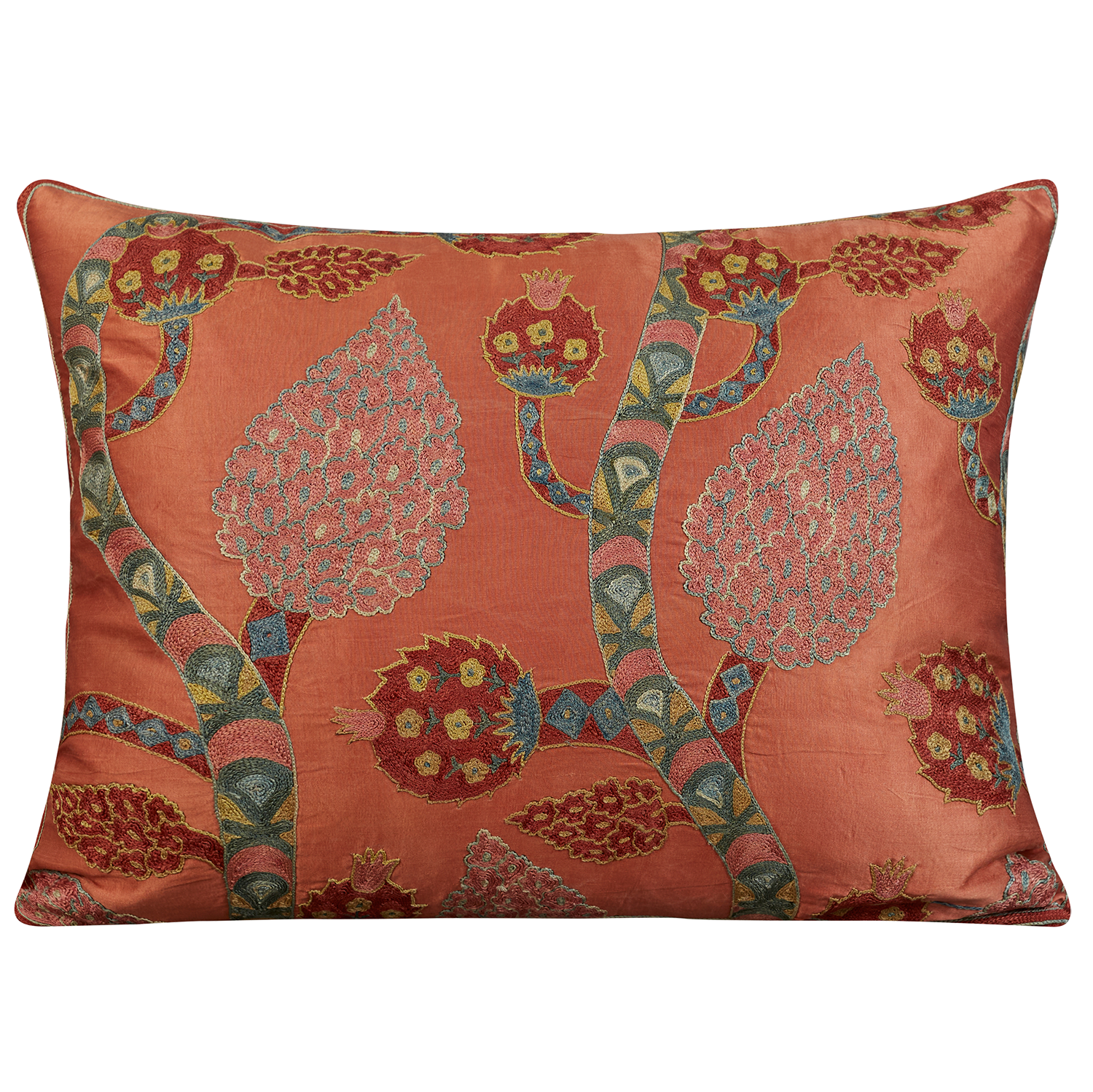 Rectangular silk suzani with vine and pomegranate design on pink ground