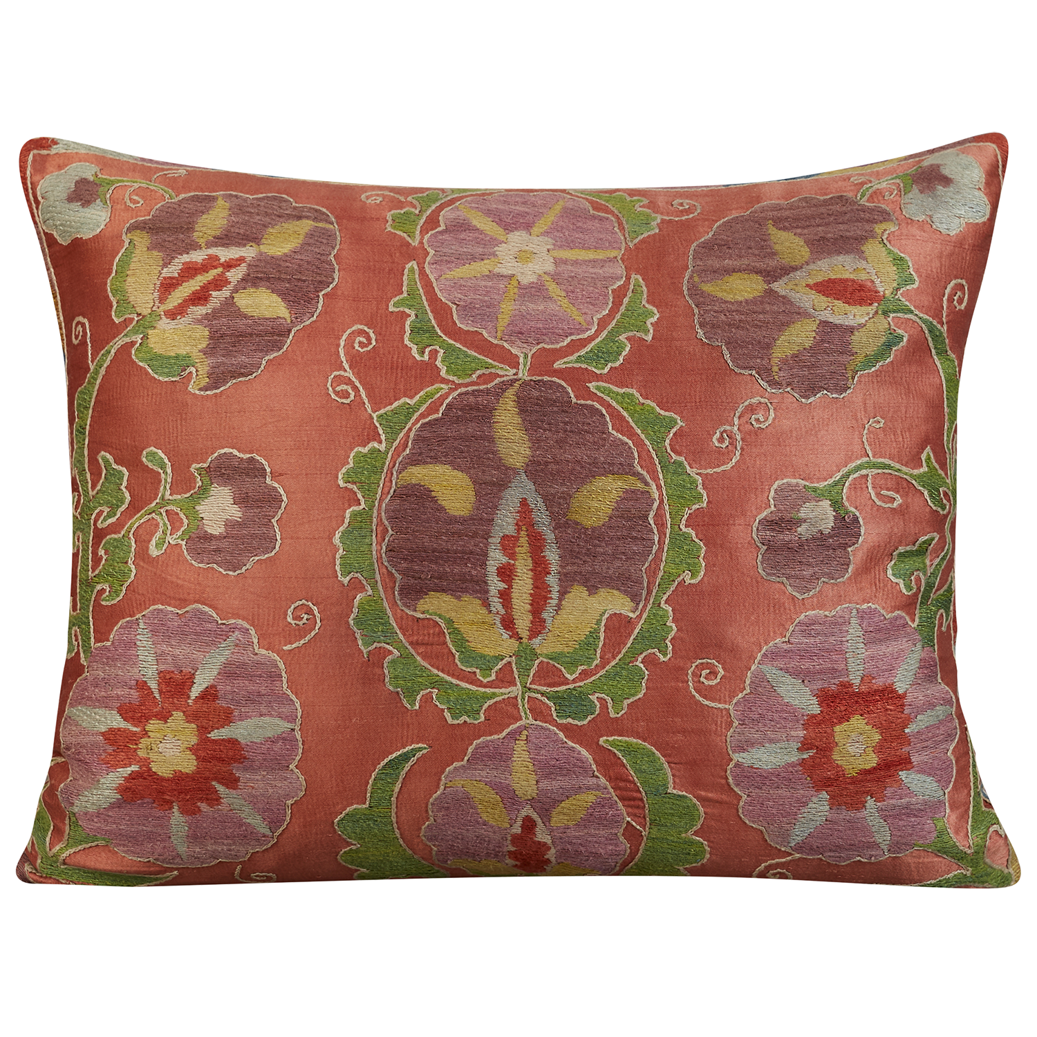 Rectangular silk suzani purple and lilac floral design on pink ground