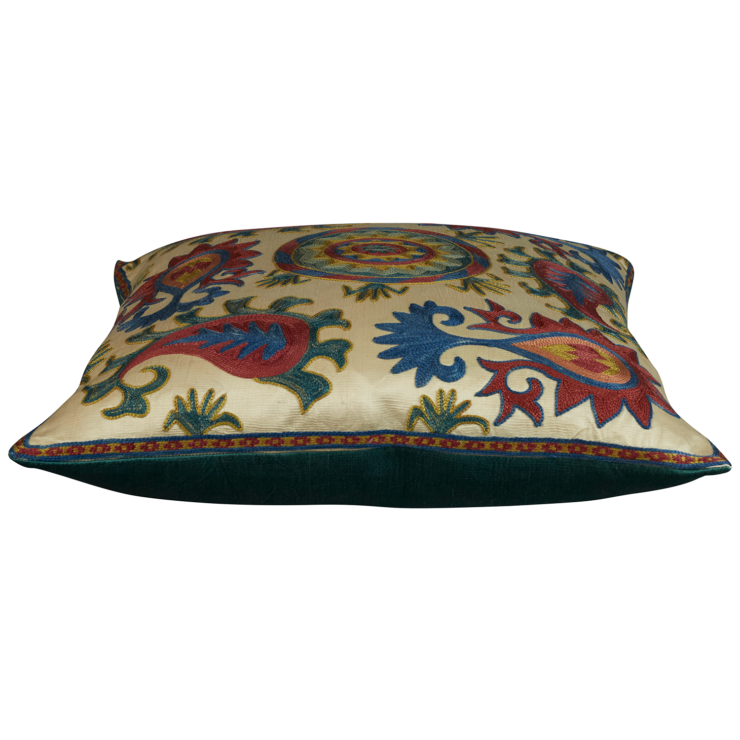 Square silk suzani embroidered cushion - pillow with Anatolian paisley motif and central medallion