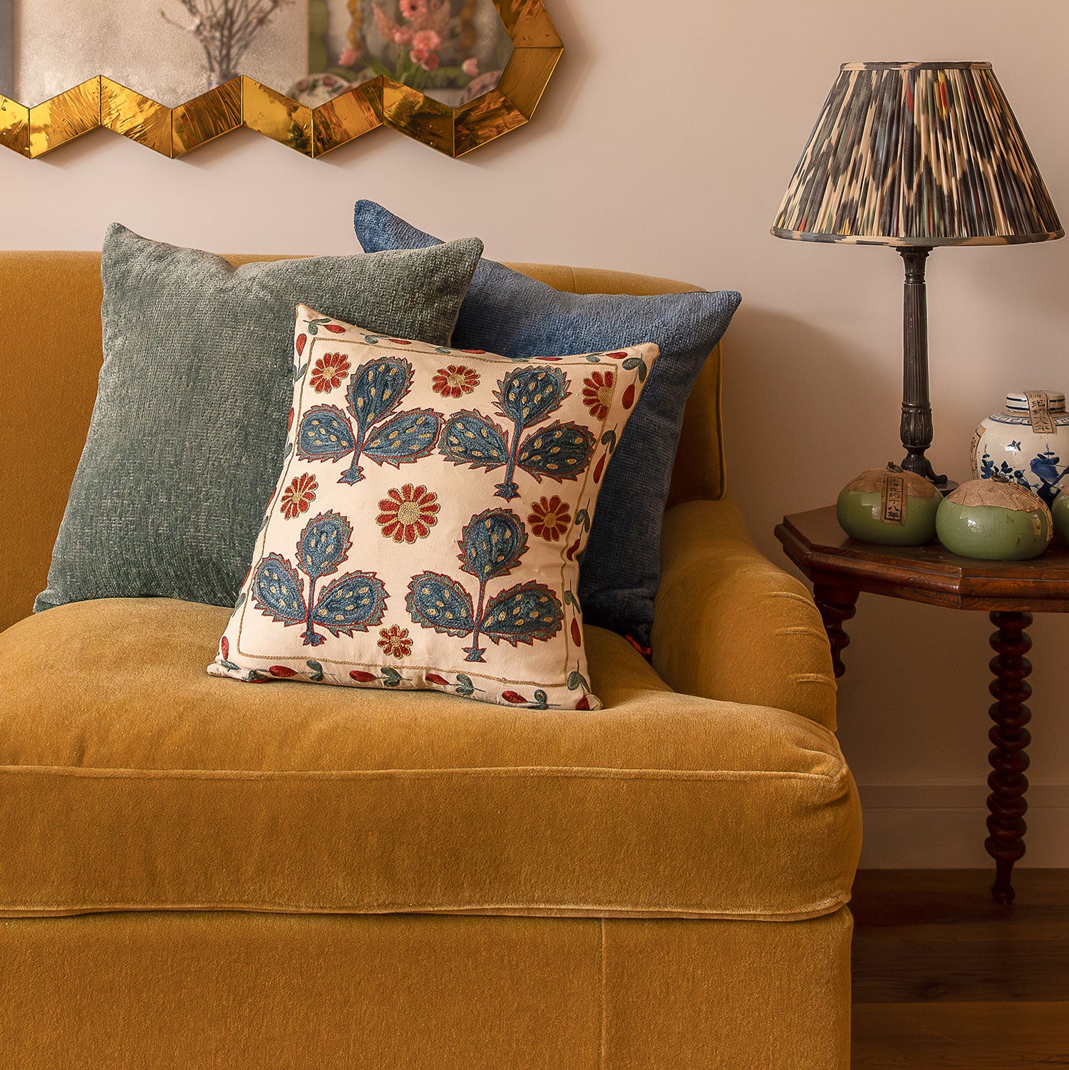 Square silk suzani embroidered cushion - pillow with naive Ottoman floral design