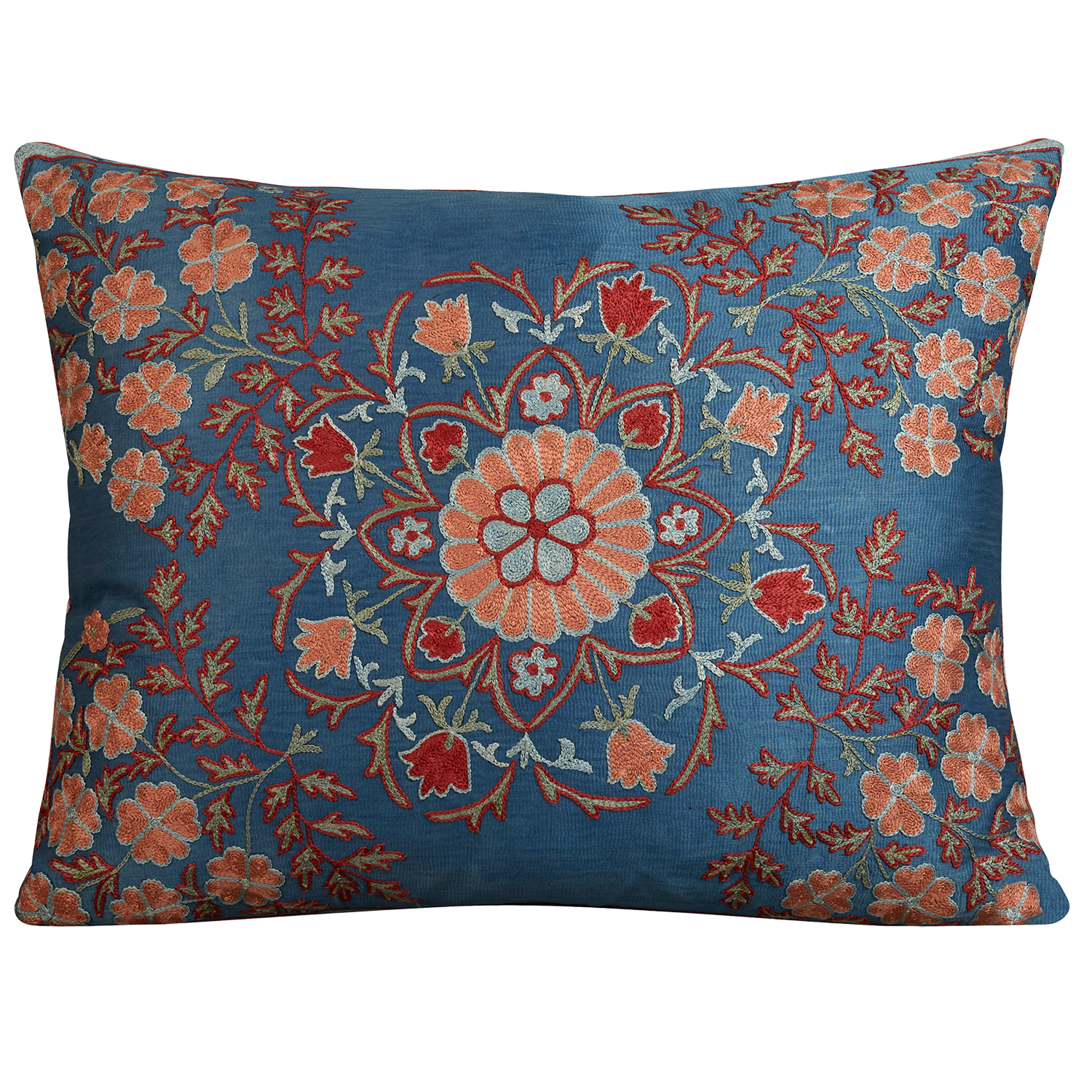 Rectangular blue silk suzani embroidered cushion with pink floral medallion