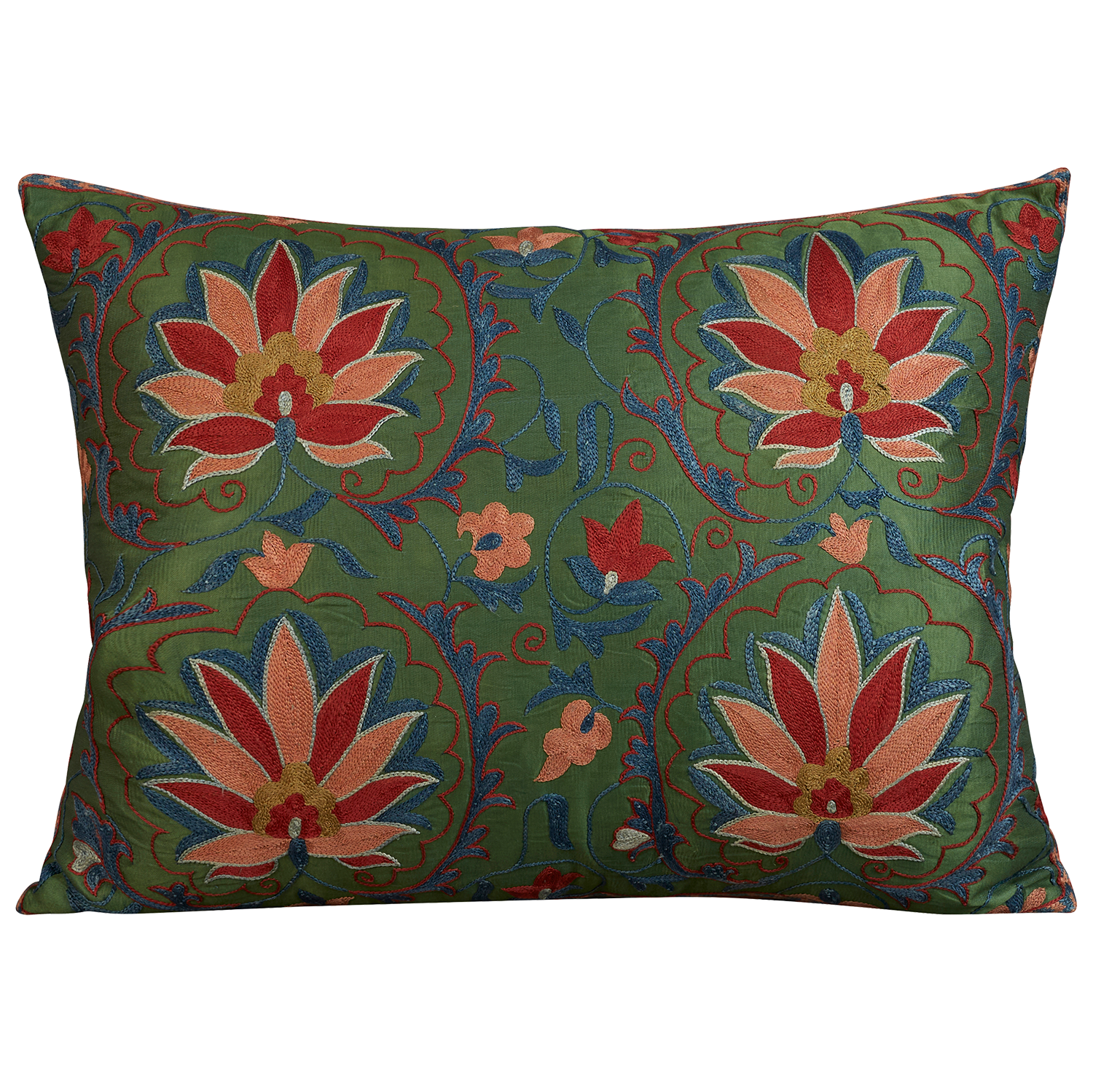 Rectangular green silk suzani embroidered cushion with chevron border
