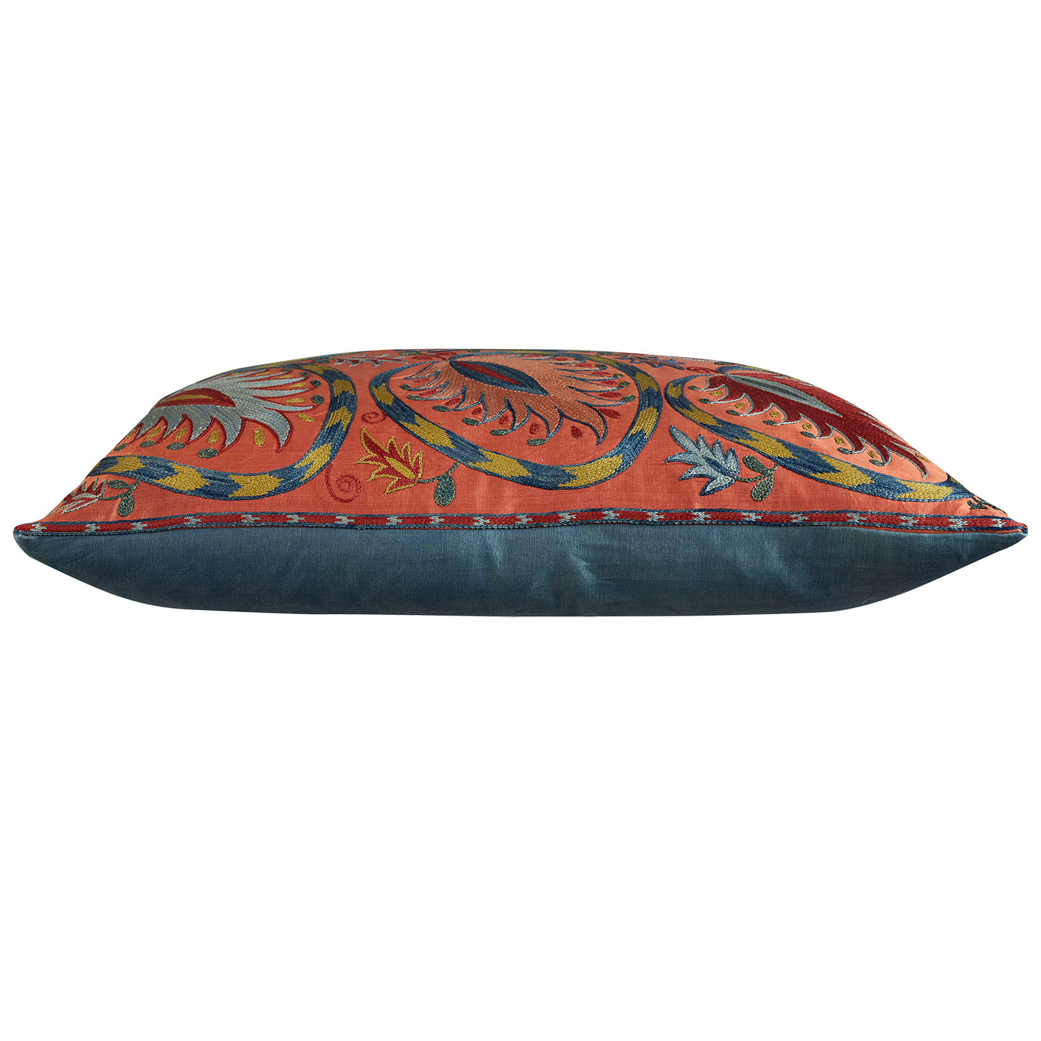 Rectangular Pink silk suzani embroidered cushion with symmetrical floral design and border