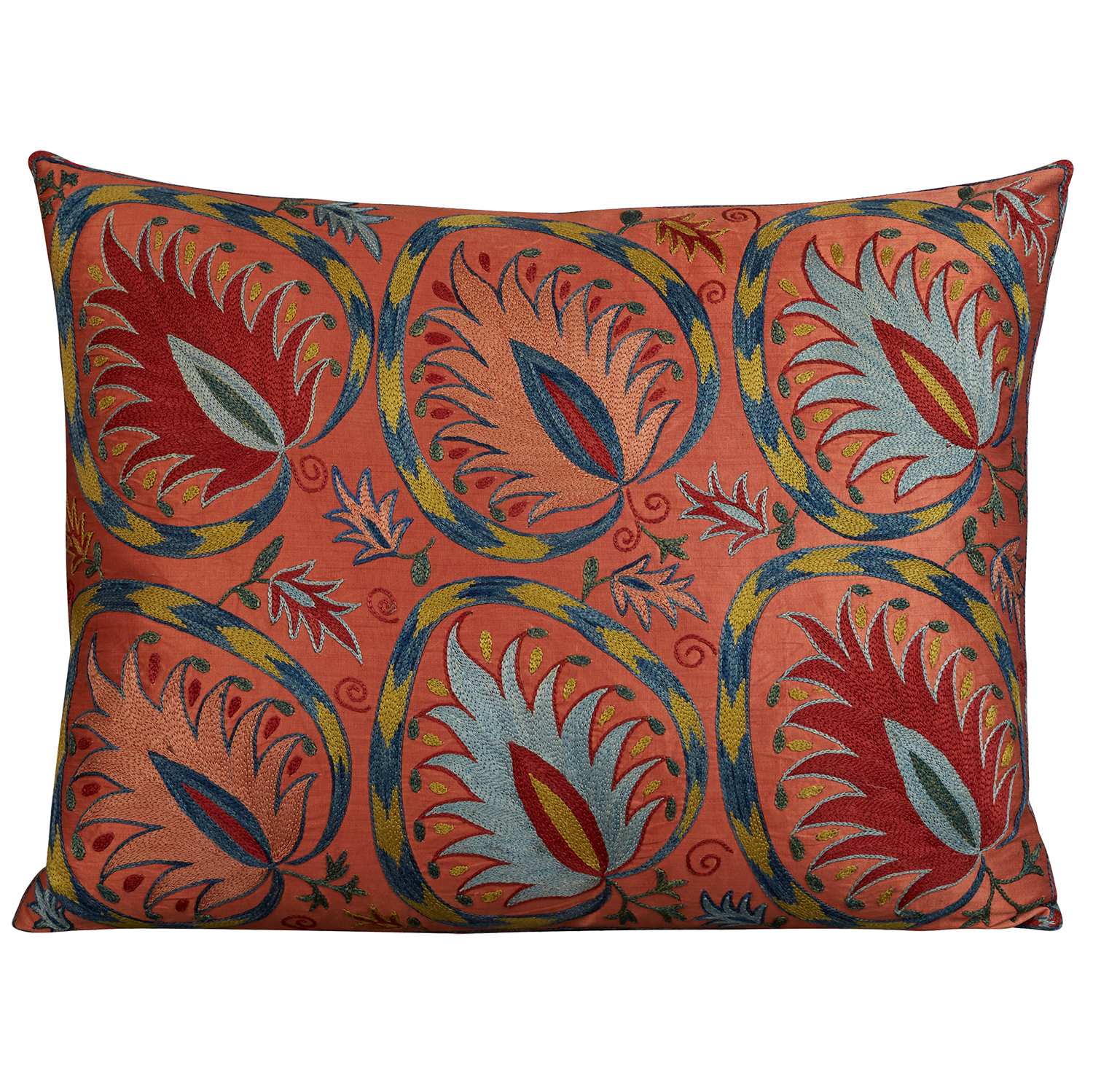 Rectangular Pink silk suzani embroidered cushion with symmetrical floral design and border