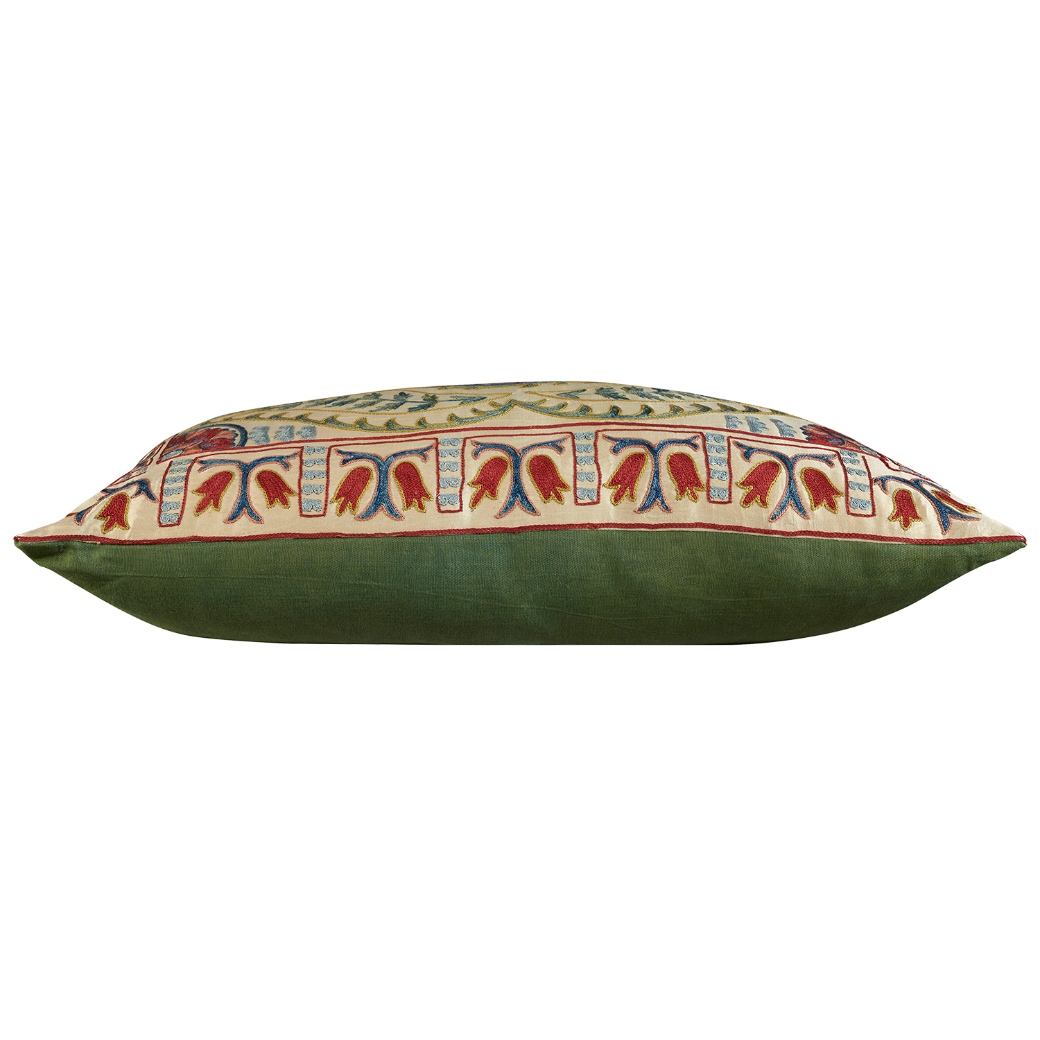 Rectangular silk suzani embroidered cushion with central medallion design and border