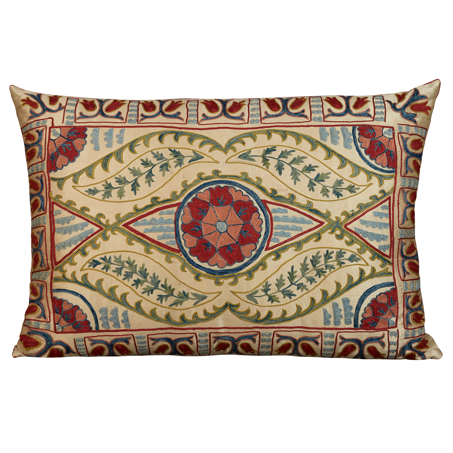 Rectangular silk suzani embroidered cushion with central medallion design and border