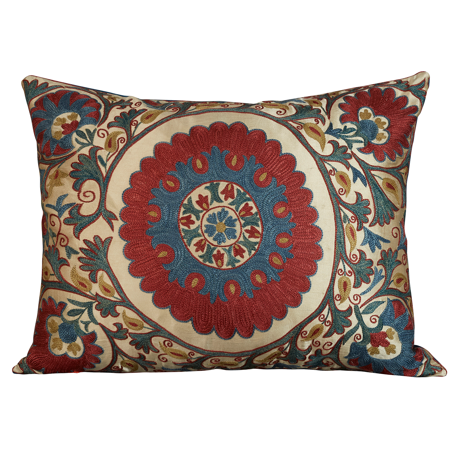 Rectangular silk suzani cushion with large central floral medallion on cream ground