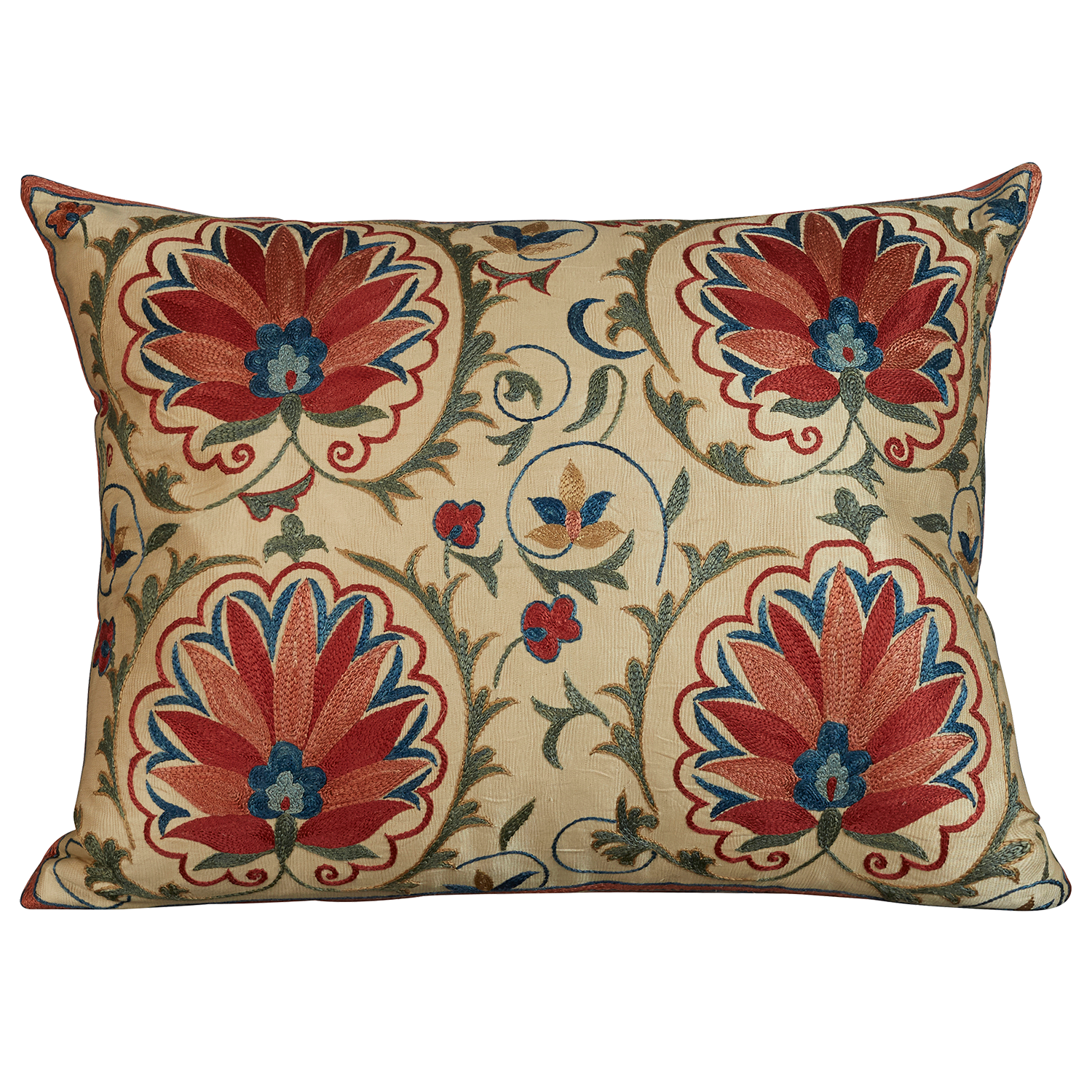 Rectangular silk suzani cushion with tulip design on cream ground and pink border