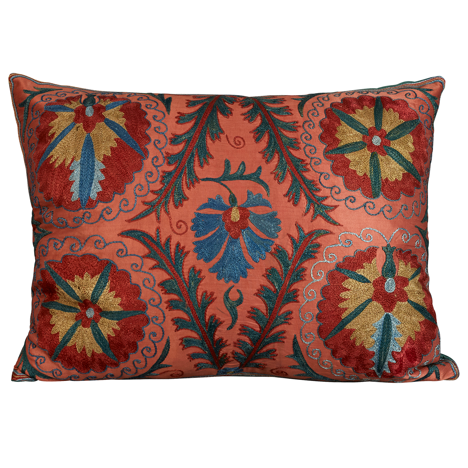 Rectangular silk suzani cushion with symmetrical floral design on pink ground with border
