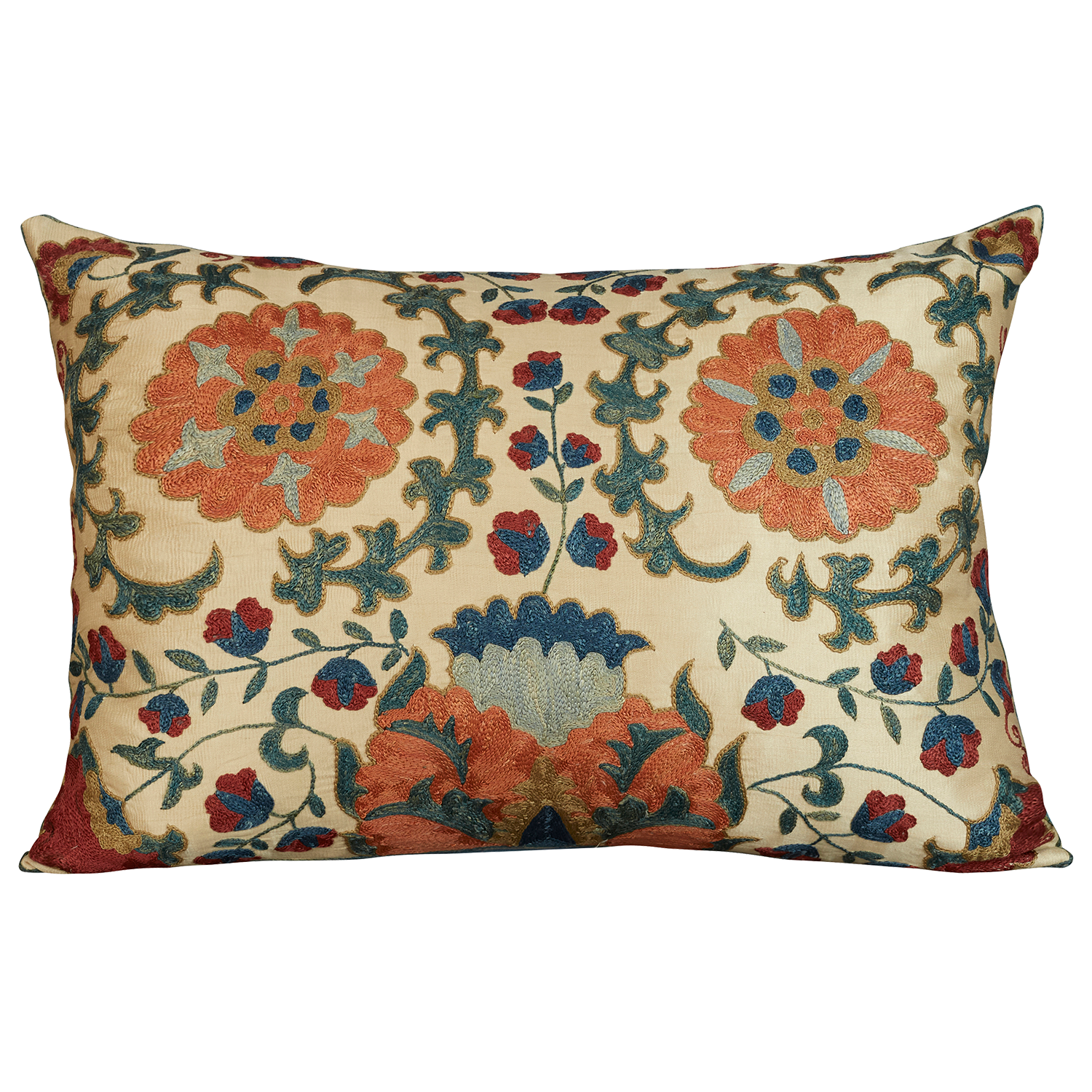 Rectangular silk suzani cushion with stylised Chrysanthemum design