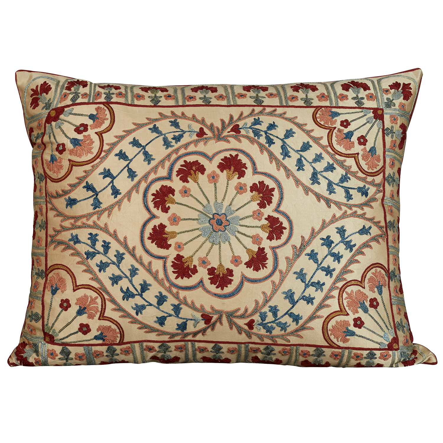 Rectangular silk suzani cushion with Ottoman symmetrical design and scalloped border