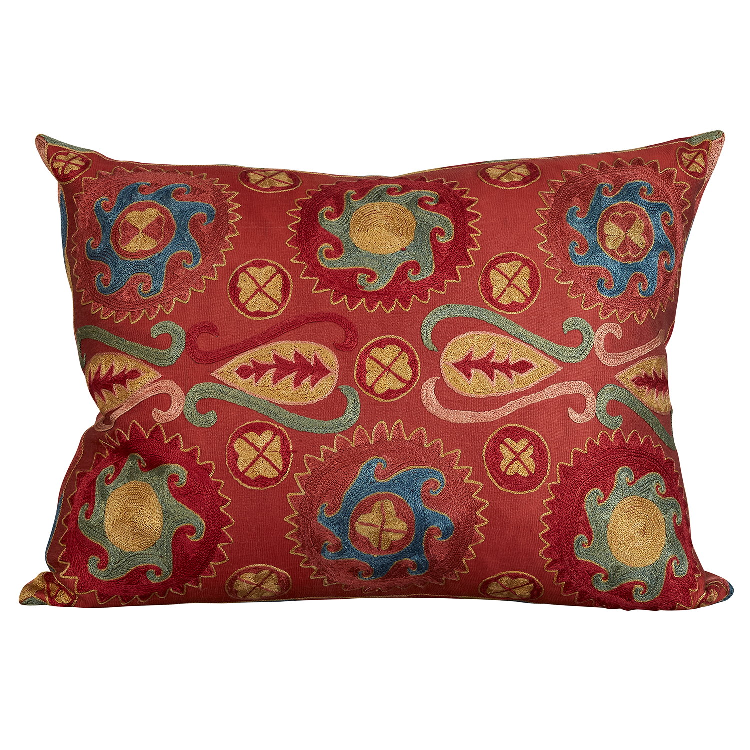 Rectangular silk suzani cushion with stylised sunburst and solar bloom design on madder ground
