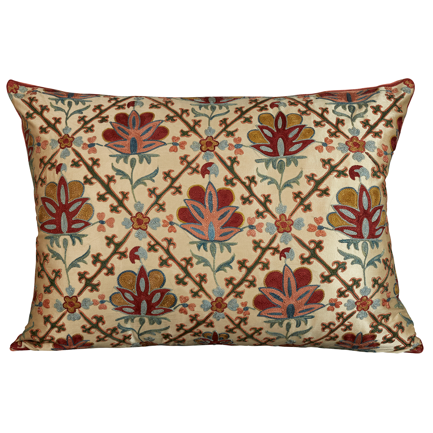 Rectangular silk suzani cushion with stylised tulip in a trellis design