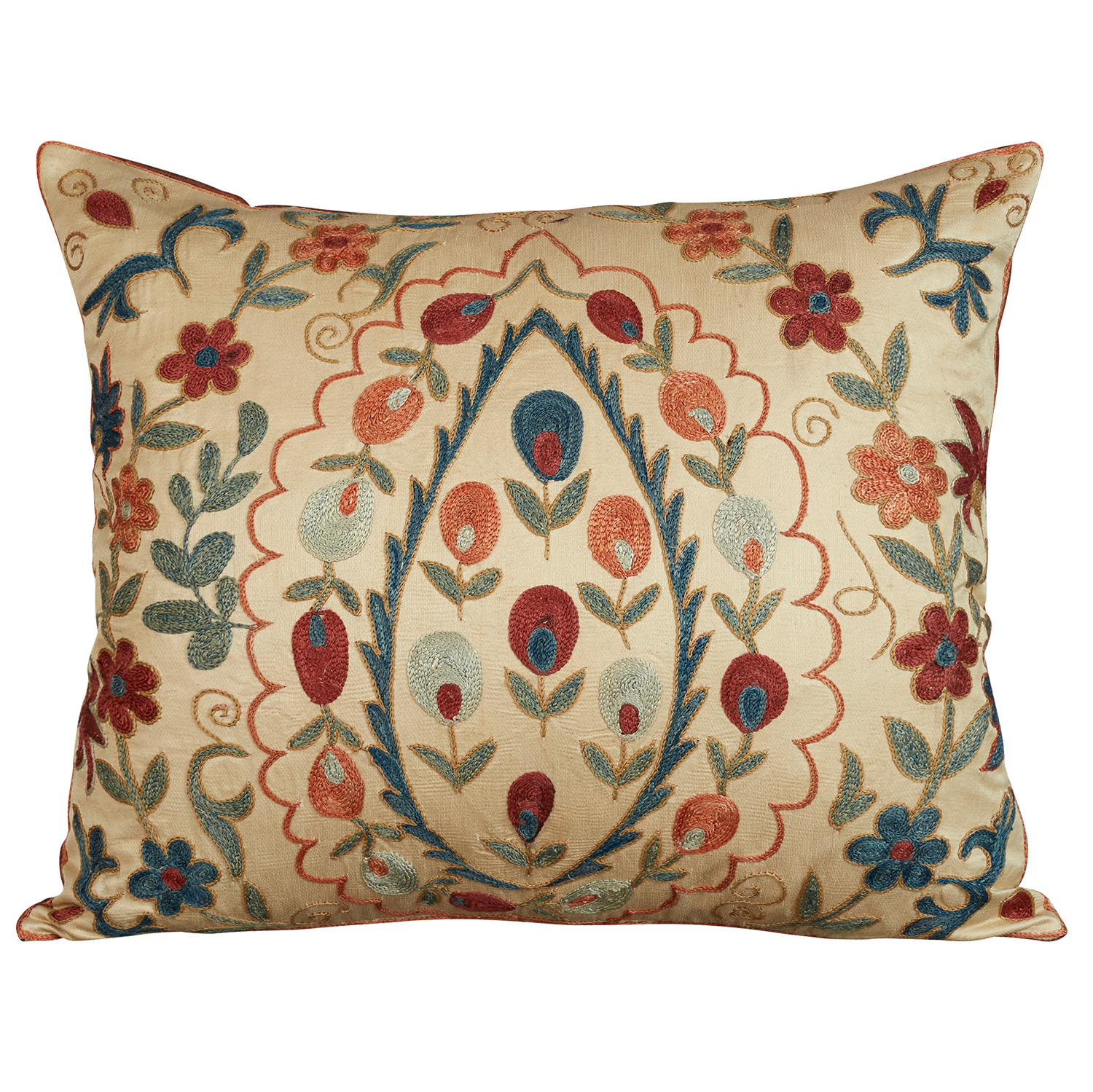 Rectangular silk suzani cushion with all over Ottoman floral design