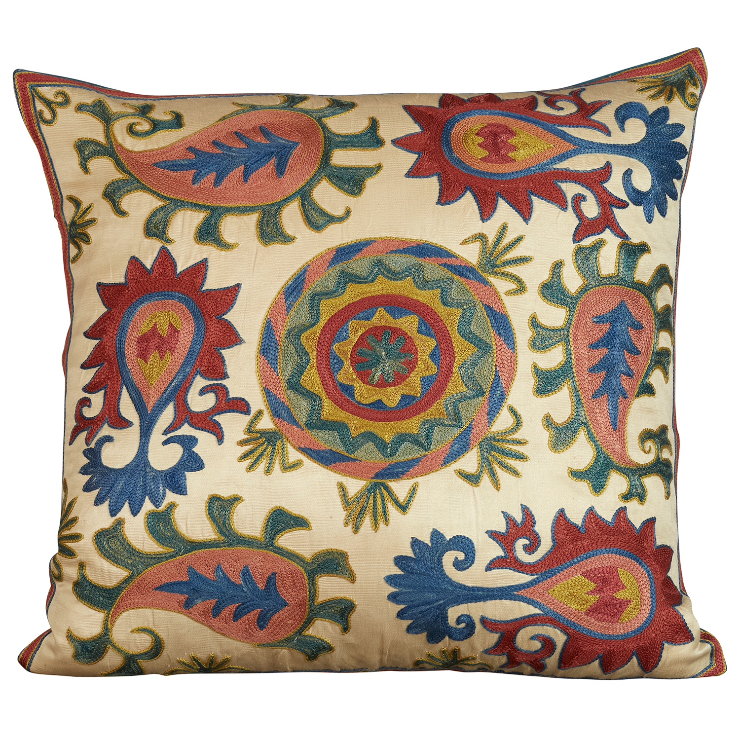 Square silk suzani cushion with stylised Anatolian motifs and central medallion