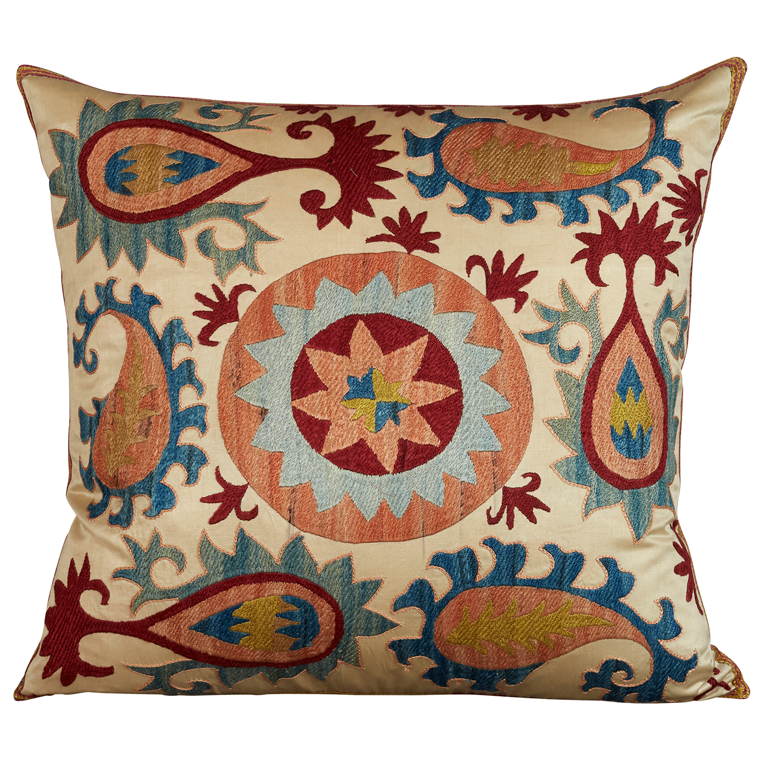 Square silk suzani cushion with stylised Anatolian and paisley motifs and central medallion