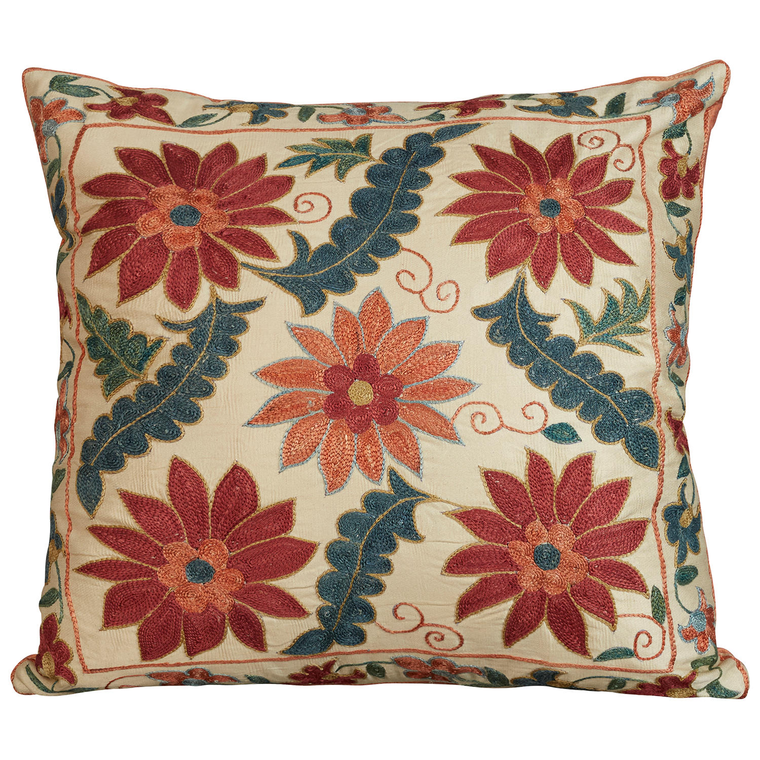 Square silk suzani cushion with symbolic Ottoman floral design