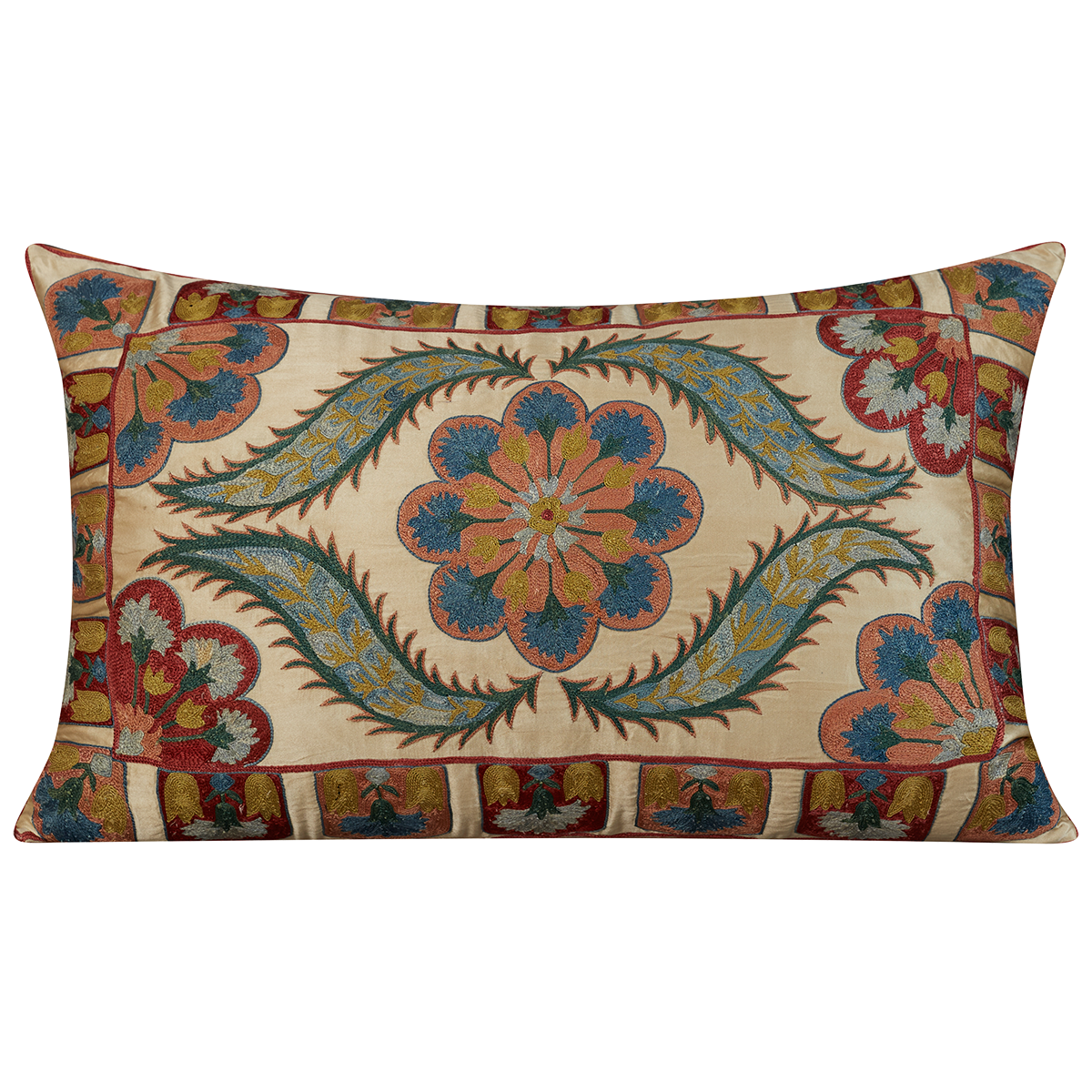 Large rectangular silk suzani cushion with scallop border and central floral design