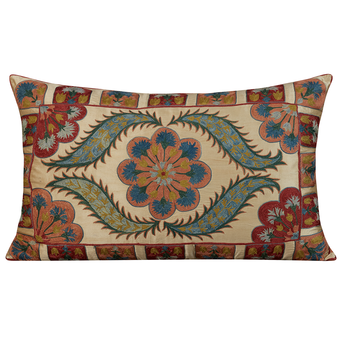 Large rectangular silk suzani cushion with scallop border and central floral design with pink silk back