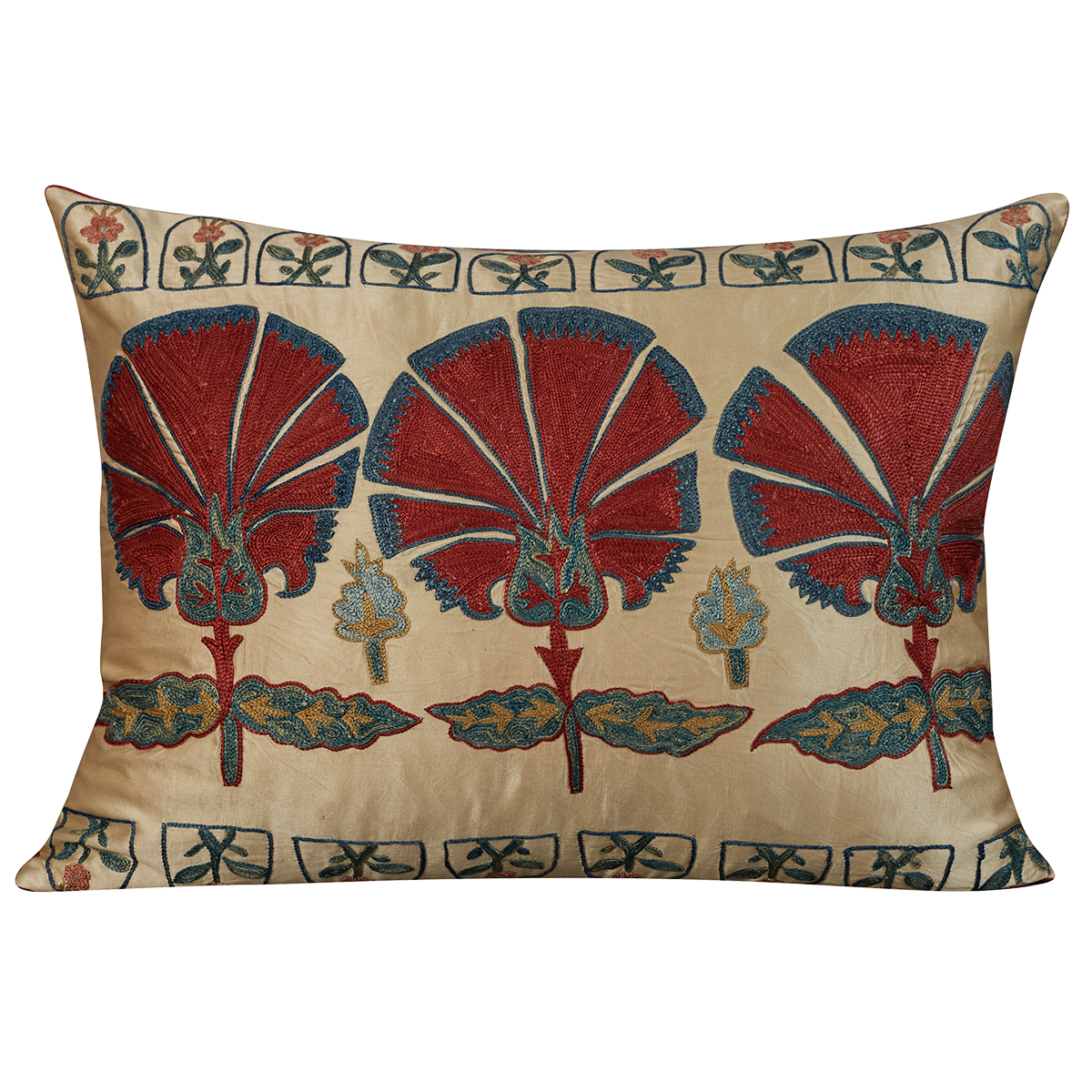 Rectangular silk suzani cushion with triple carnation design