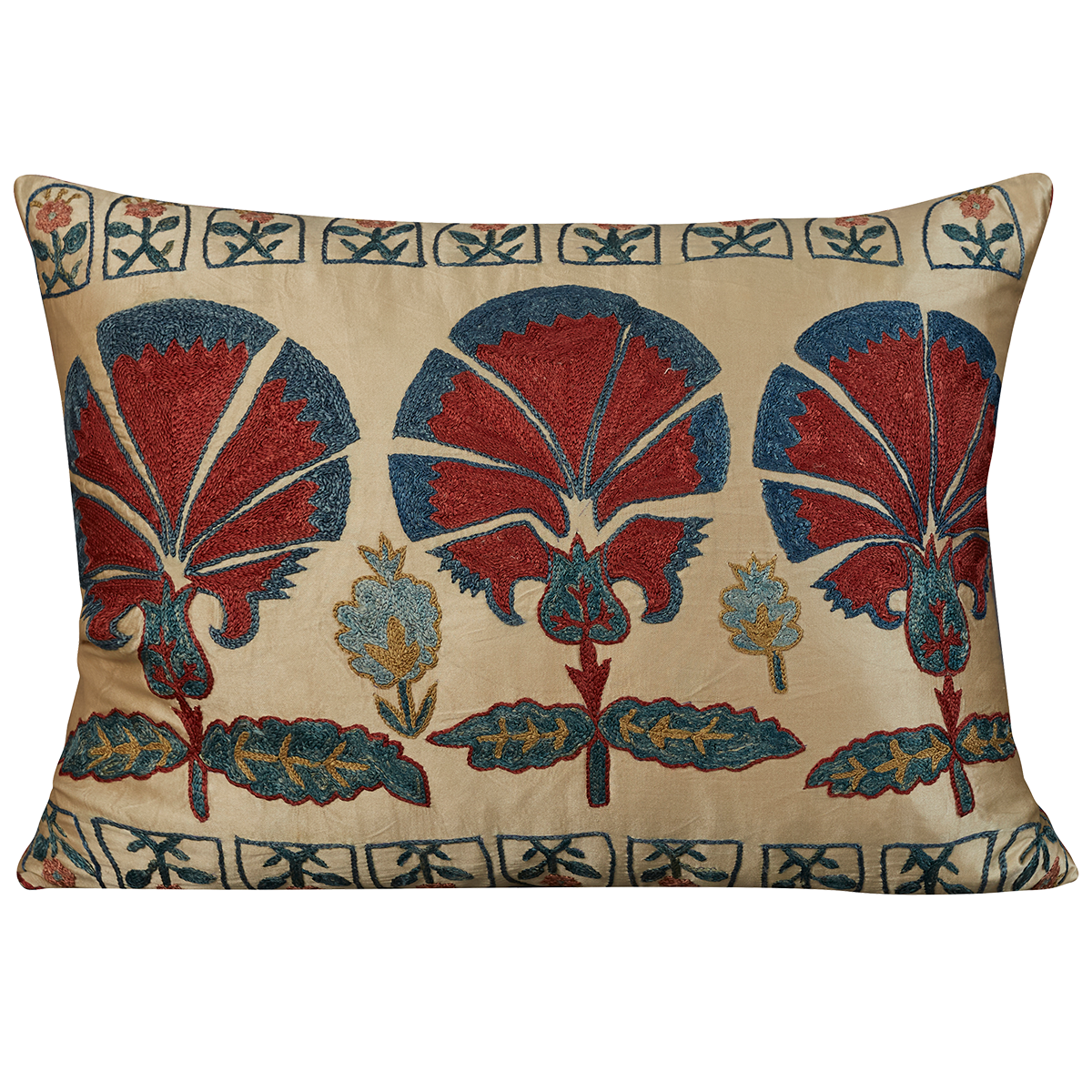 Rectangular silk suzani cushion with triple carnation design with blue silk back