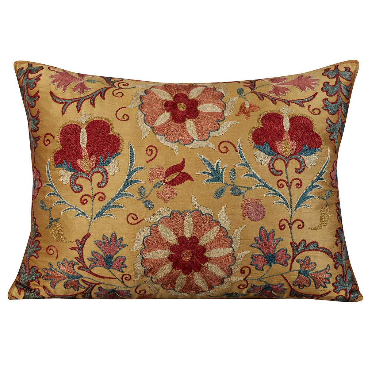 Rectangular floral design silk suzani cushion design on yellow gold ground