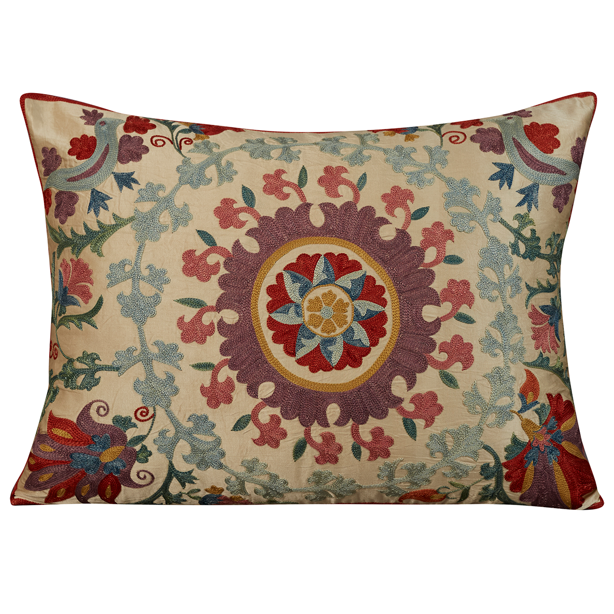 Rectangular silk suzani cushion with scrolling floral design with purple silk back