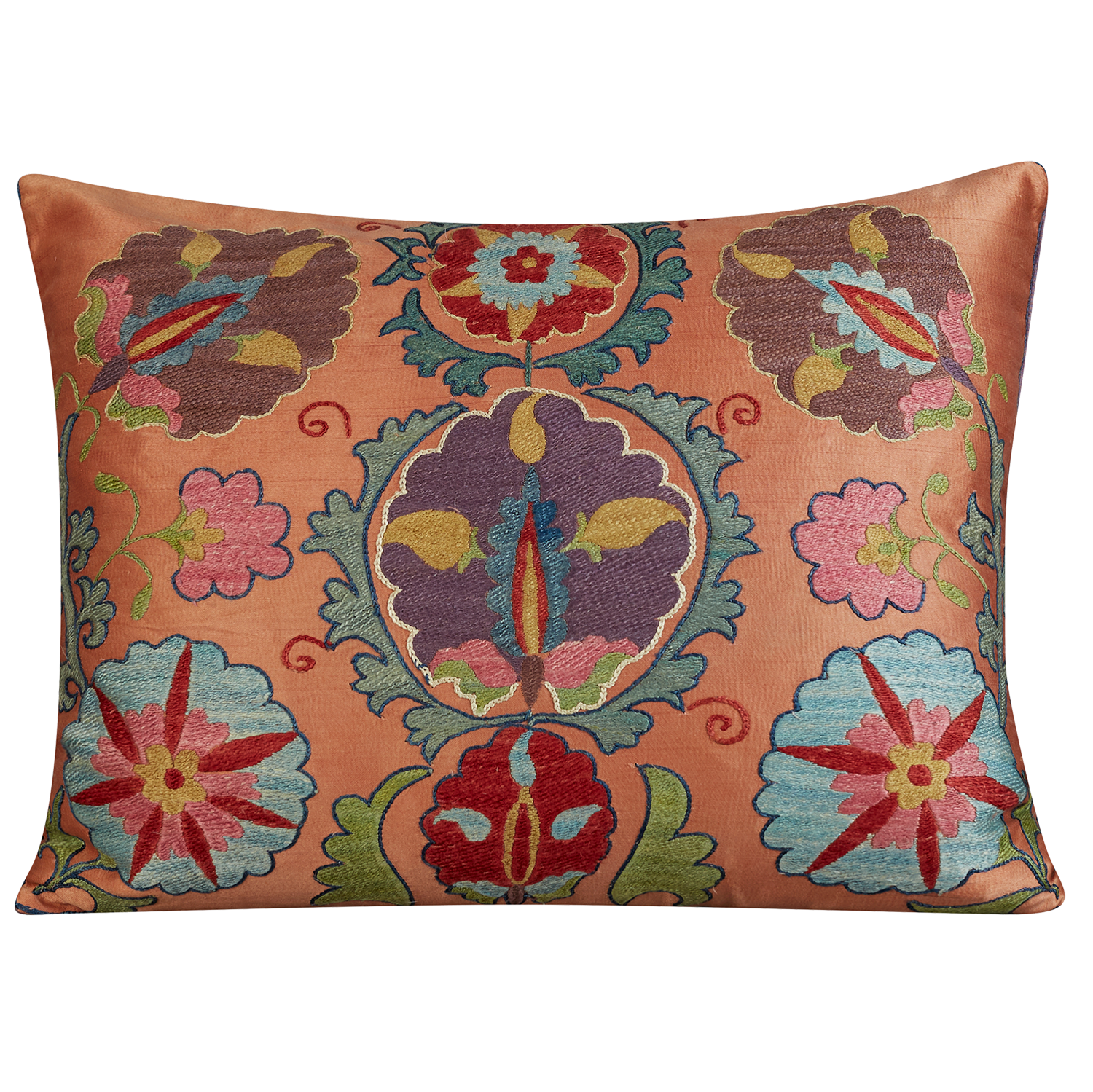 Rectangular stylised floral and palmette design suzani on pink ground