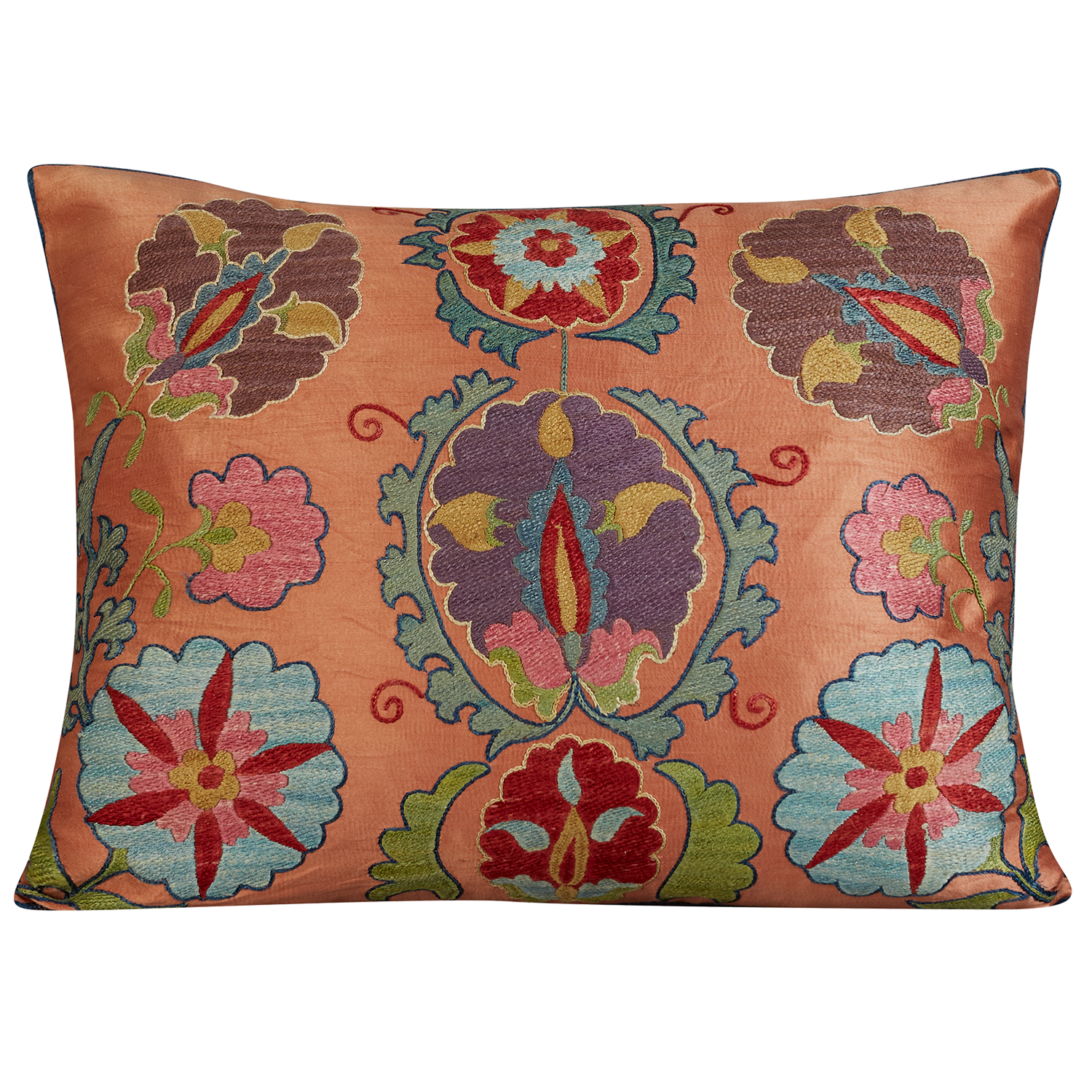Rectangular stylised floral and palmette design suzani on pink ground and purple back