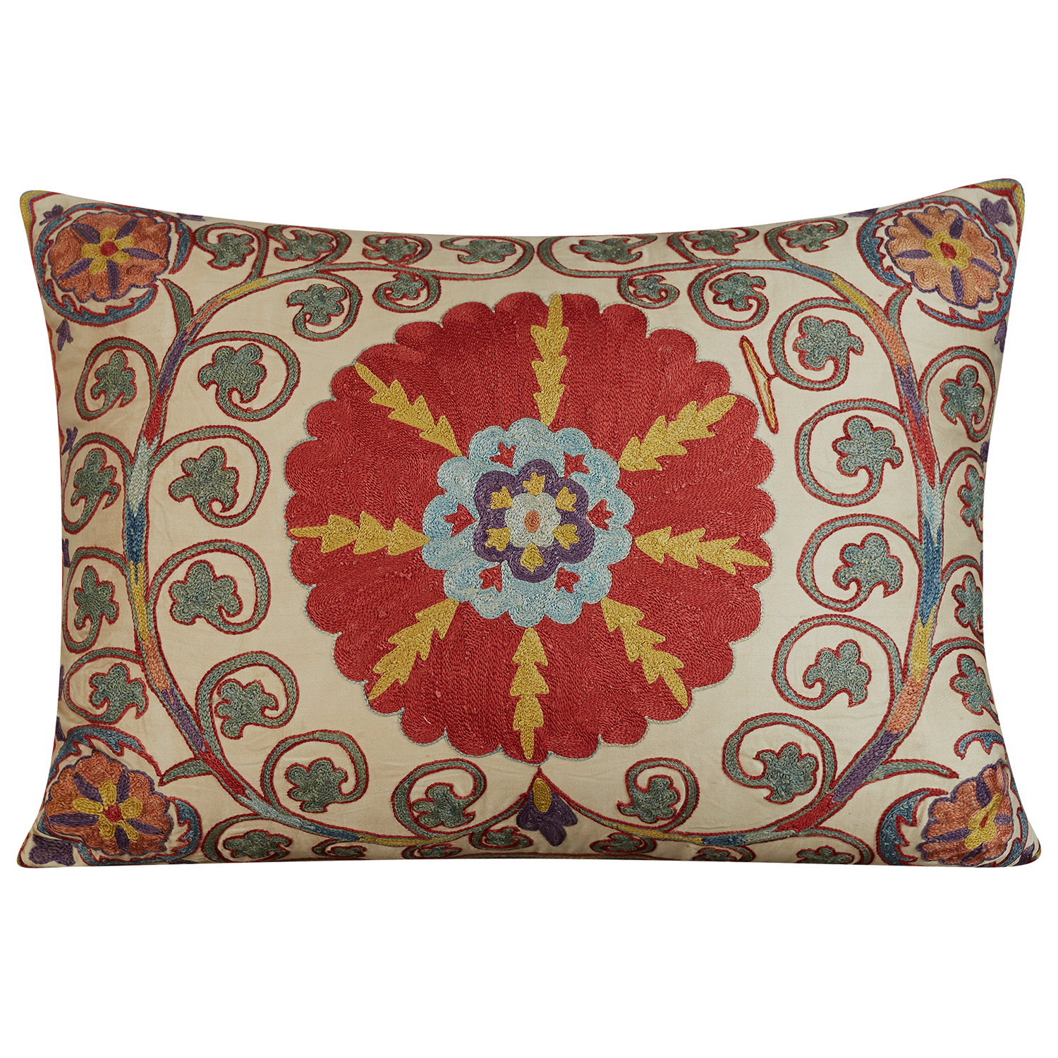 Rectangular bold medallion design suzani on cream ground with scrolling vine