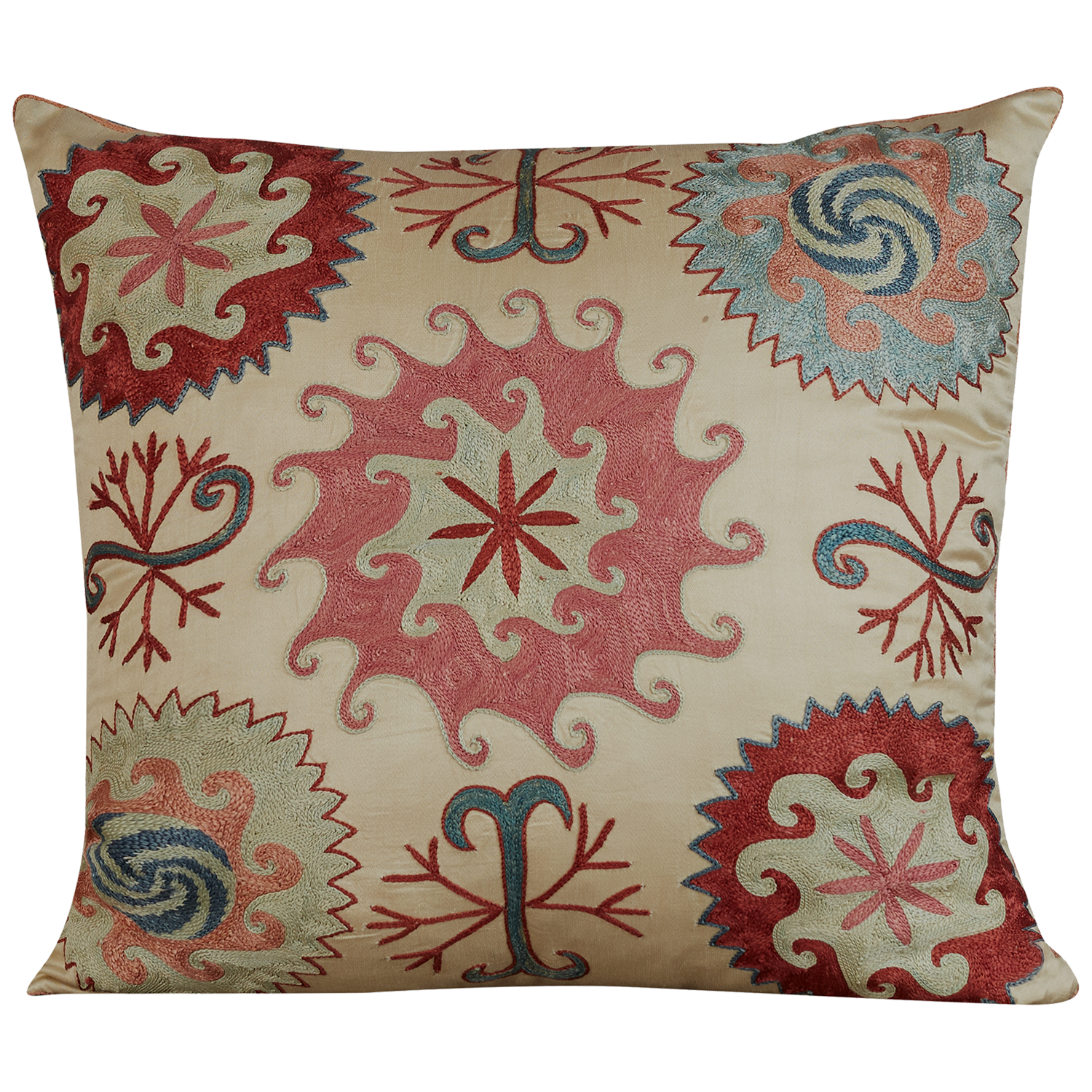 Square Anatolian design suzani on cream ground with blue silk back