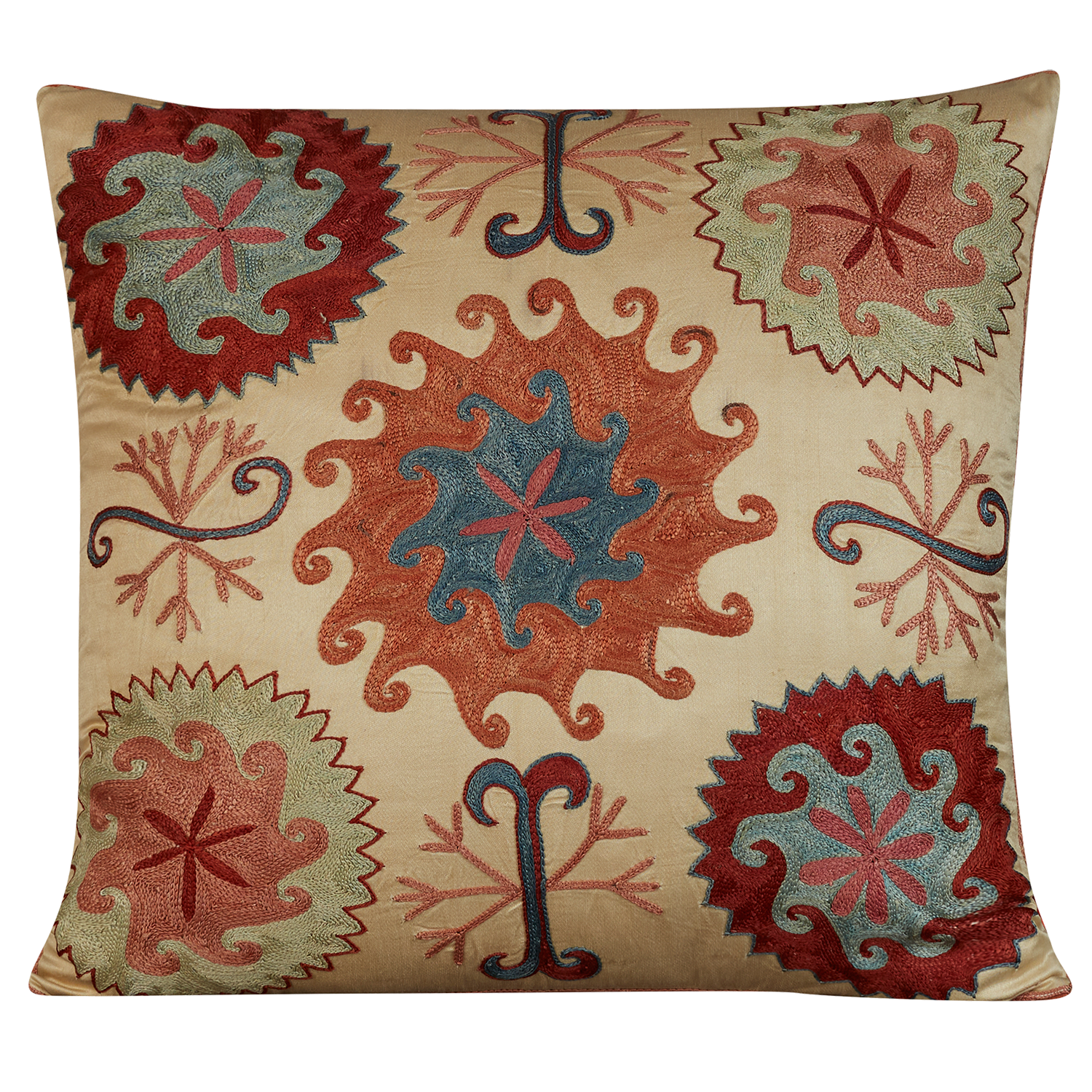 Square Anatolian design suzani on cream ground with pink silk back