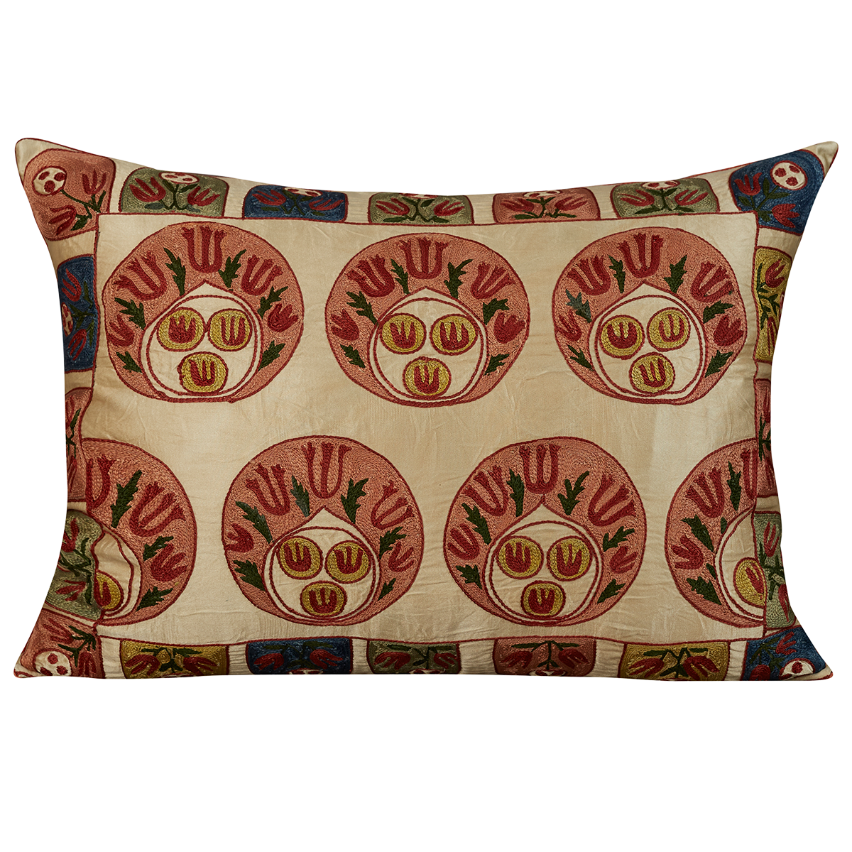 Rectangular silk suzani cushion with pink geometric design and pink back