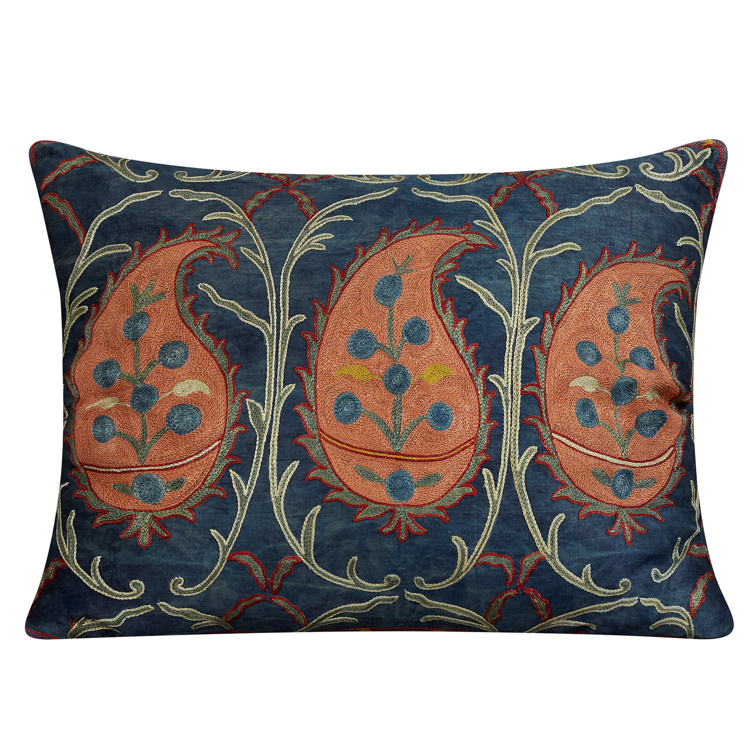 Rectangular triple paisley suzani on blue ground with pink back