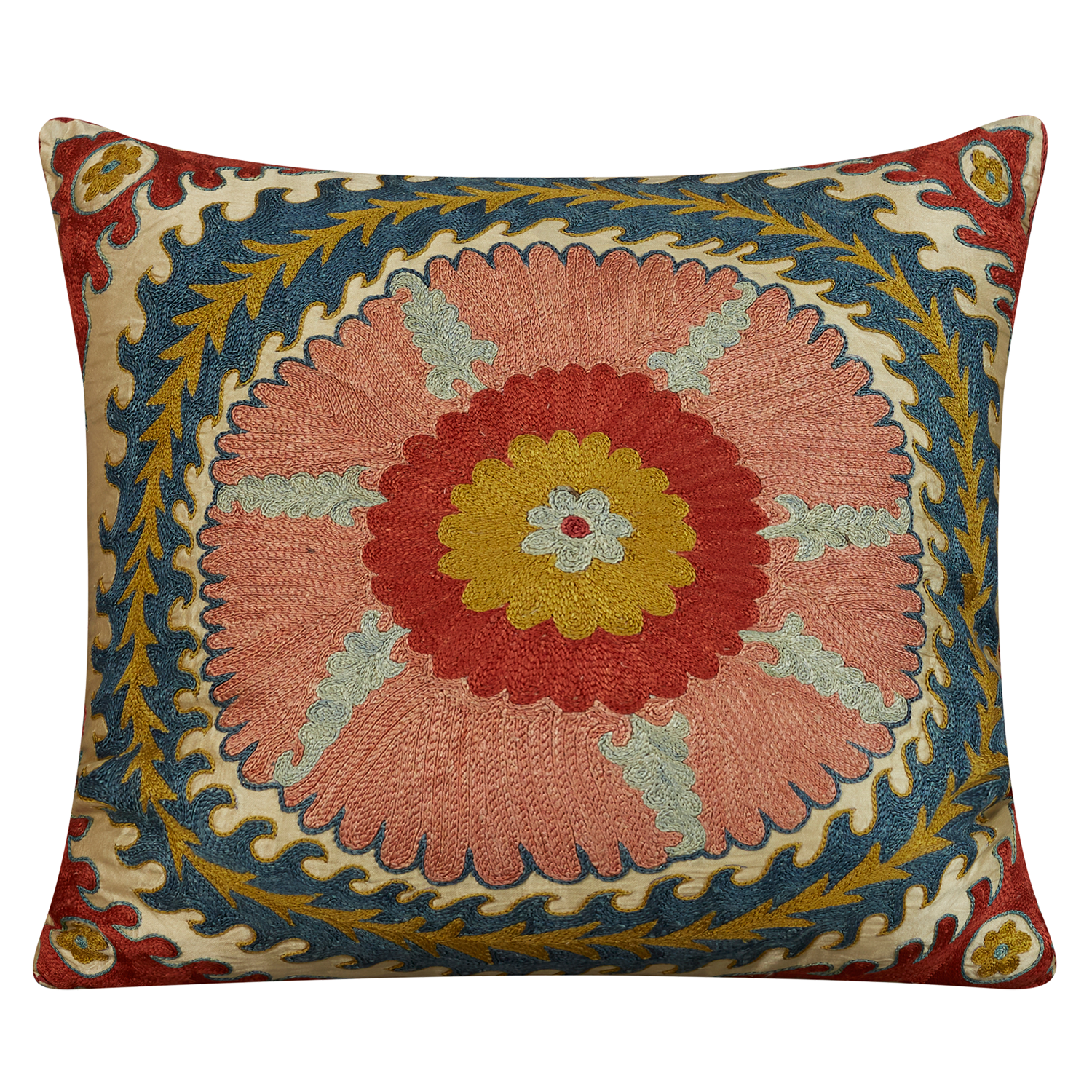 Square circular medallion suzani on cream ground with blue back