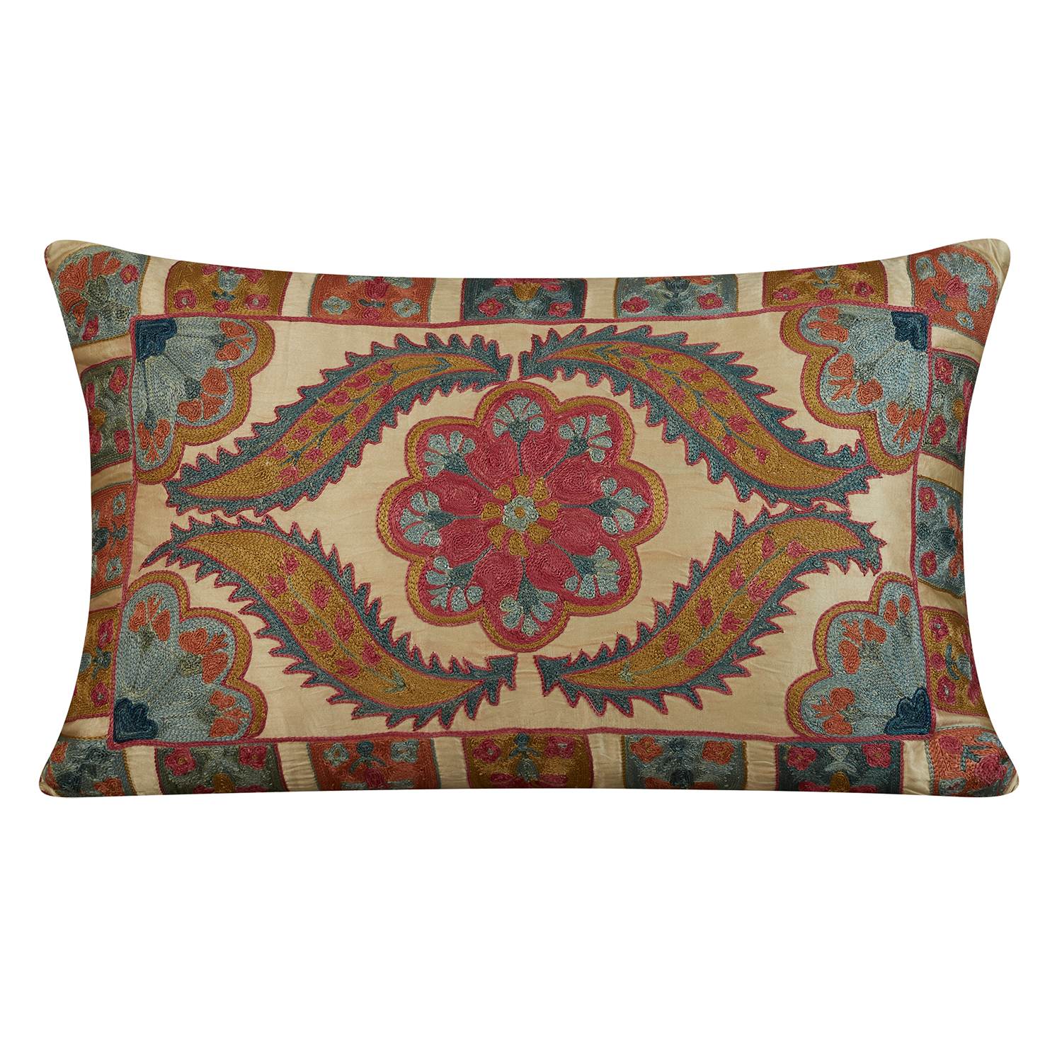 Rectangular central floral medallion suzani with blue back