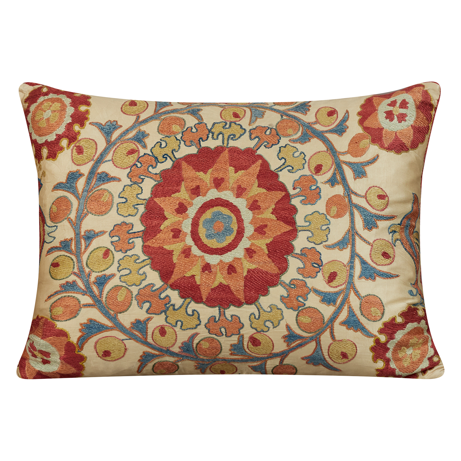 Rectangular ivory crewelwork suzani with coral back