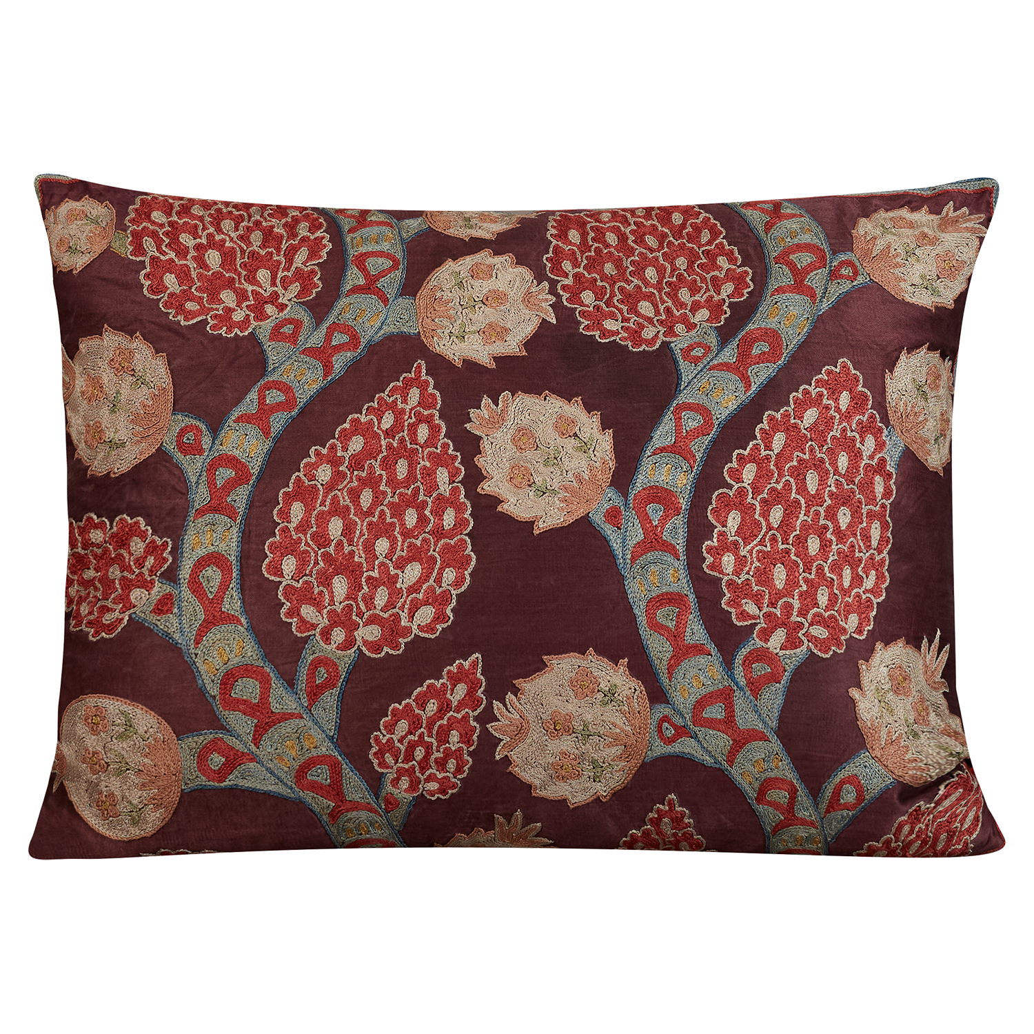 Rectangular pomegranate vine suzani on plum ground with red back